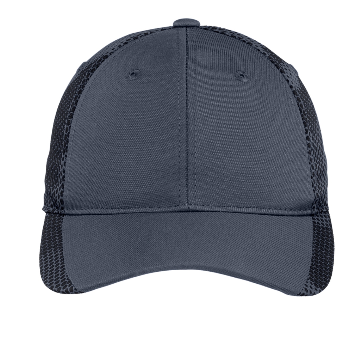 Iron Grey performance cap made from 100% polyester twill with a sublimated CamoHex print on the back panels and brim, moisture-wicking sweatband, structured construction, mid-profile design, and adjustable micro hook and loop closure.