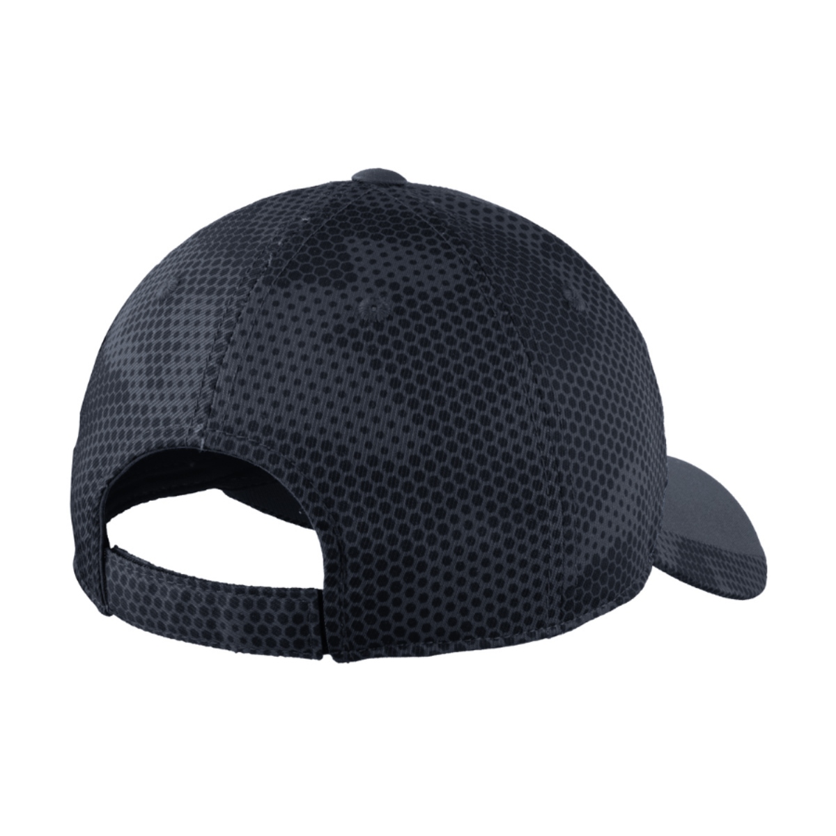 Iron Grey performance cap made from 100% polyester twill with a sublimated CamoHex print on the back panels and brim, moisture-wicking sweatband, structured construction, mid-profile design, and adjustable micro hook and loop closure.