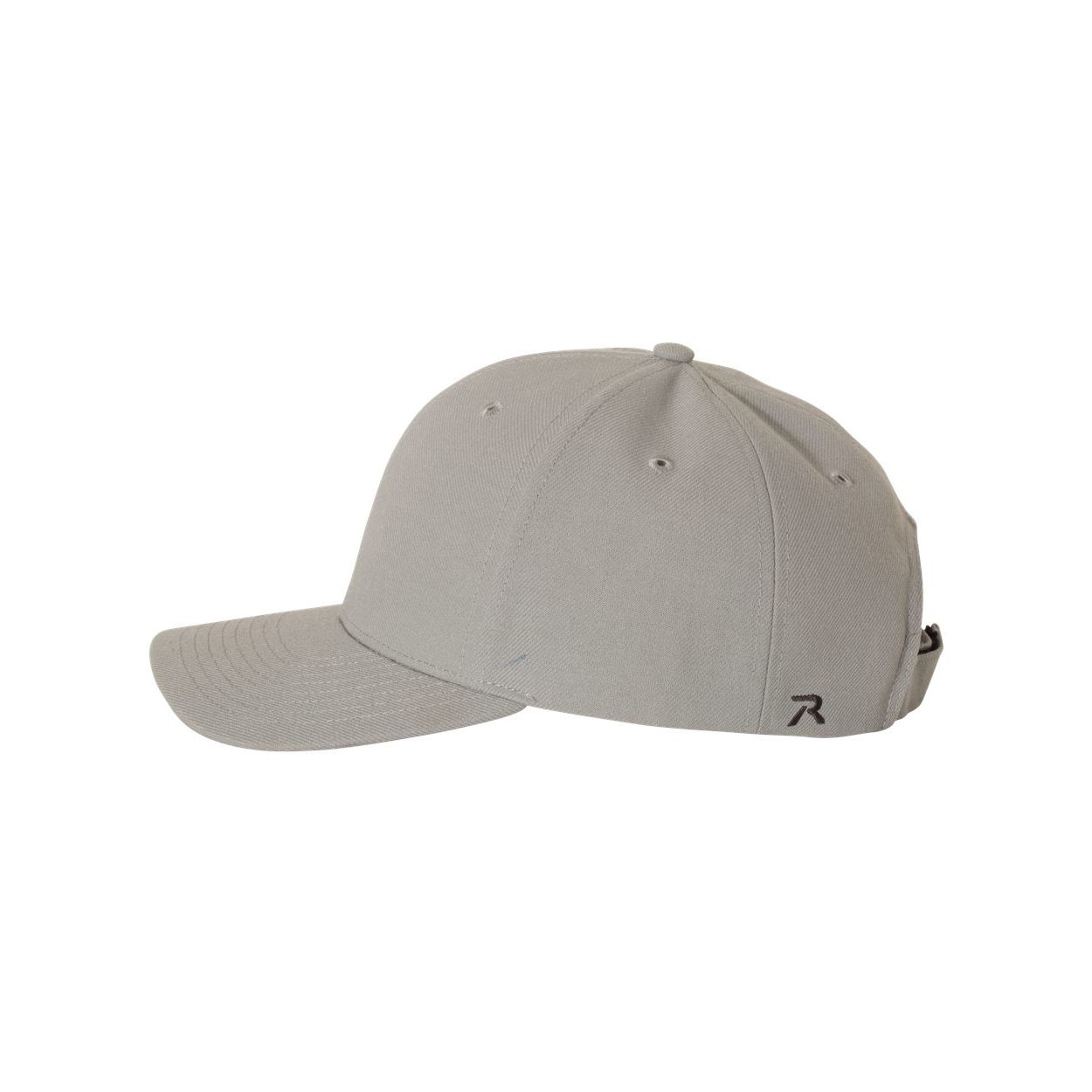 Grey performance cap made from 100% polyester Surge fabric with a structured six-panel design, pre-curved bill, grey undervisor, and adjustable hook-and-loop closure.