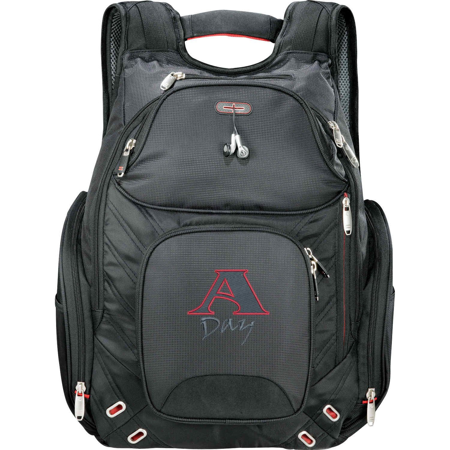 TSA-friendly elleven™ computer backpack in black with a spacious zippered main compartment, padded laptop and tablet storage, multiple organized pockets, insulated side pocket, and padded adjustable shoulder straps. Features a flat-opening laptop compartment for airport security screening, a luggage trolley sleeve, and signature elleven™ lining and hardware, ideal for business travel, commuting, and everyday work.