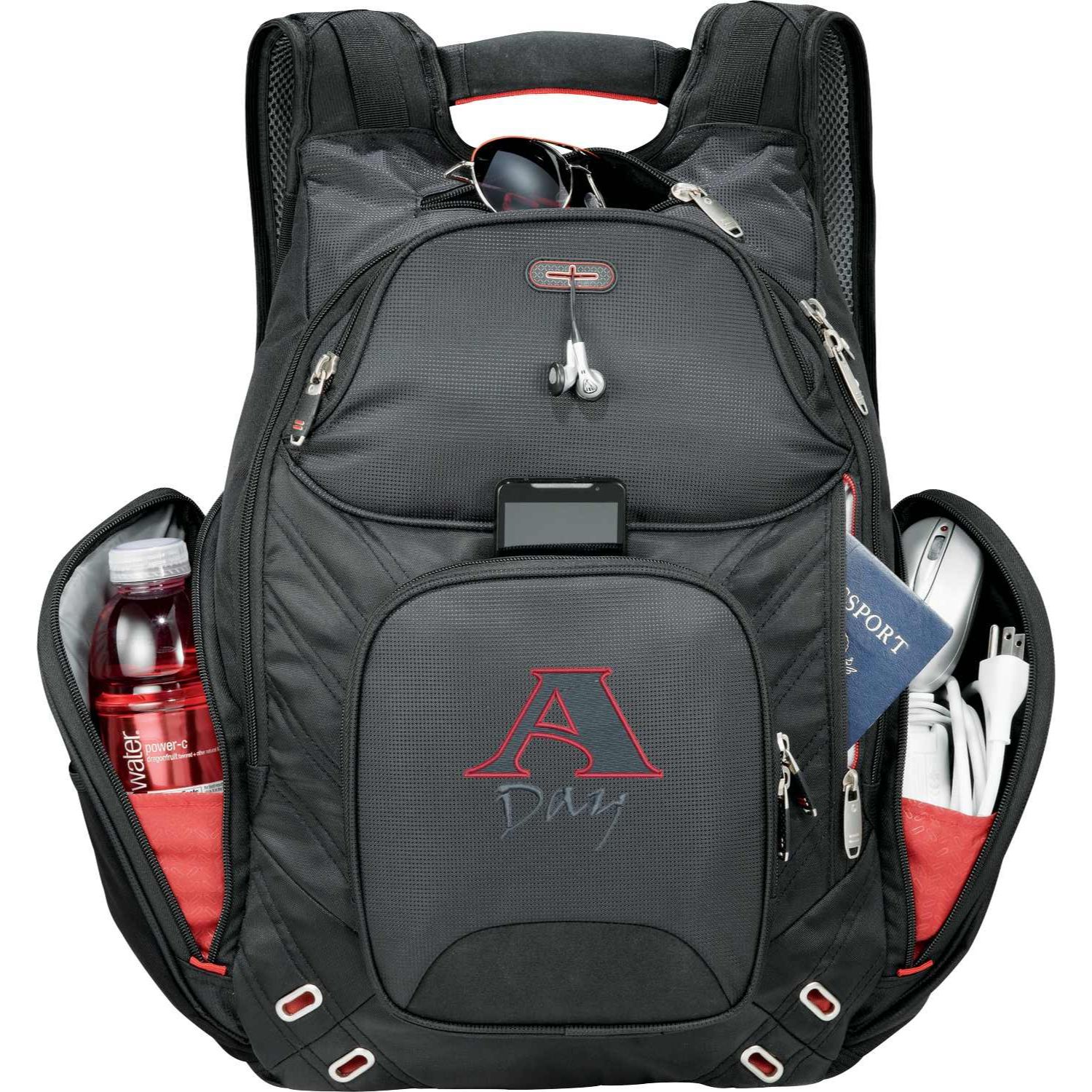 TSA-friendly elleven™ computer backpack in black with a spacious zippered main compartment, padded laptop and tablet storage, multiple organized pockets, insulated side pocket, and padded adjustable shoulder straps. Features a flat-opening laptop compartment for airport security screening, a luggage trolley sleeve, and signature elleven™ lining and hardware, ideal for business travel, commuting, and everyday work.