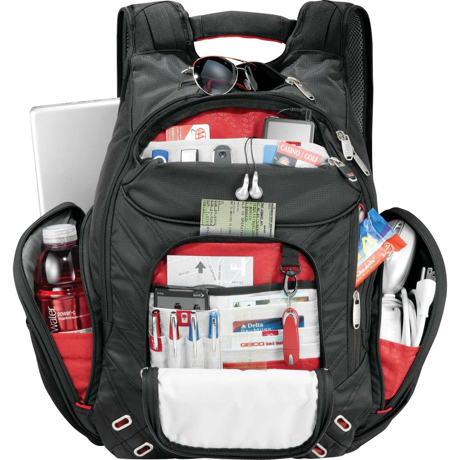 TSA-friendly elleven™ computer backpack in black with a spacious zippered main compartment, padded laptop and tablet storage, multiple organized pockets, insulated side pocket, and padded adjustable shoulder straps. Features a flat-opening laptop compartment for airport security screening, a luggage trolley sleeve, and signature elleven™ lining and hardware, ideal for business travel, commuting, and everyday work.