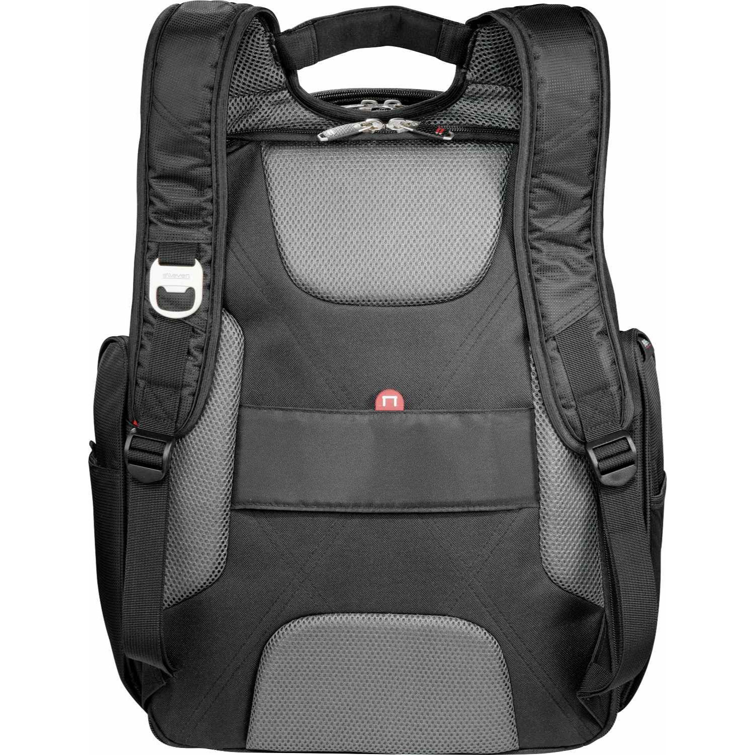 TSA-friendly elleven™ computer backpack in black with a spacious zippered main compartment, padded laptop and tablet storage, multiple organized pockets, insulated side pocket, and padded adjustable shoulder straps. Features a flat-opening laptop compartment for airport security screening, a luggage trolley sleeve, and signature elleven™ lining and hardware, ideal for business travel, commuting, and everyday work.