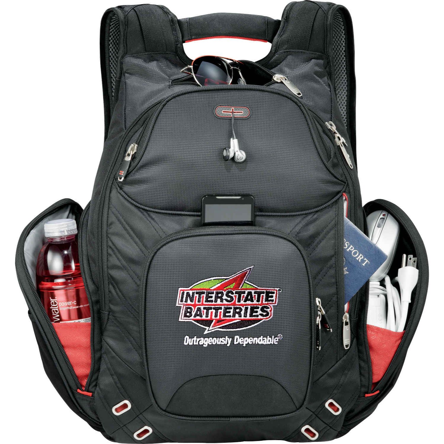 TSA-friendly elleven™ computer backpack in black with a spacious zippered main compartment, padded laptop and tablet storage, multiple organized pockets, insulated side pocket, and padded adjustable shoulder straps. Features a flat-opening laptop compartment for airport security screening, a luggage trolley sleeve, and signature elleven™ lining and hardware, ideal for business travel, commuting, and everyday work.