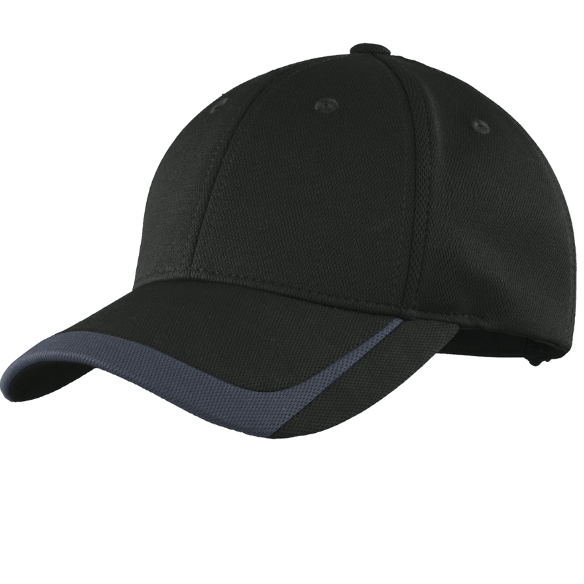 Black and Graphite adjustable performance cap made from 100% polyester pique knit with a moisture-wicking sweatband, contrast brim detail, structured construction, mid-profile design, and micro hook and loop closure.