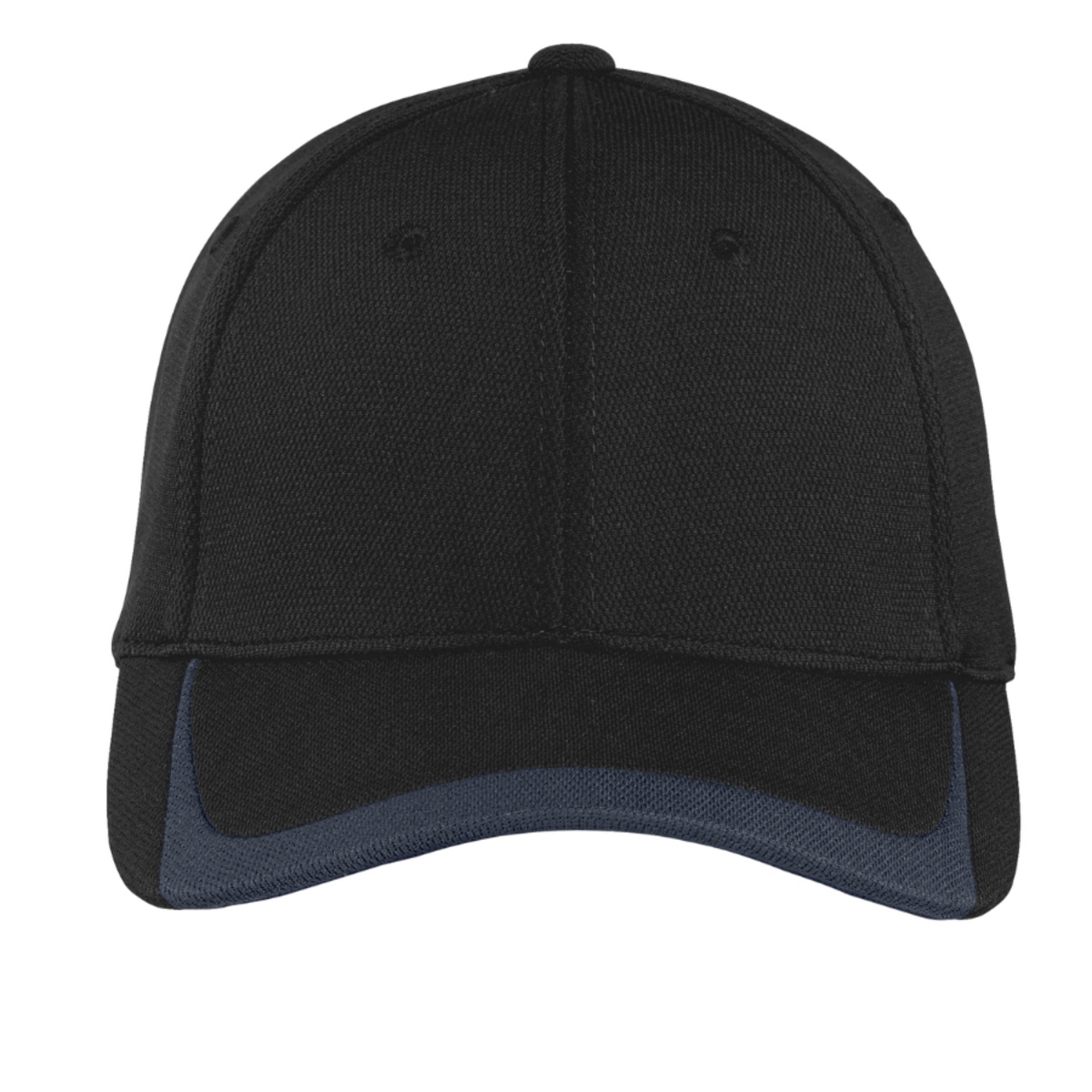 Black and Graphite adjustable performance cap made from 100% polyester pique knit with a moisture-wicking sweatband, contrast brim detail, structured construction, mid-profile design, and micro hook and loop closure.