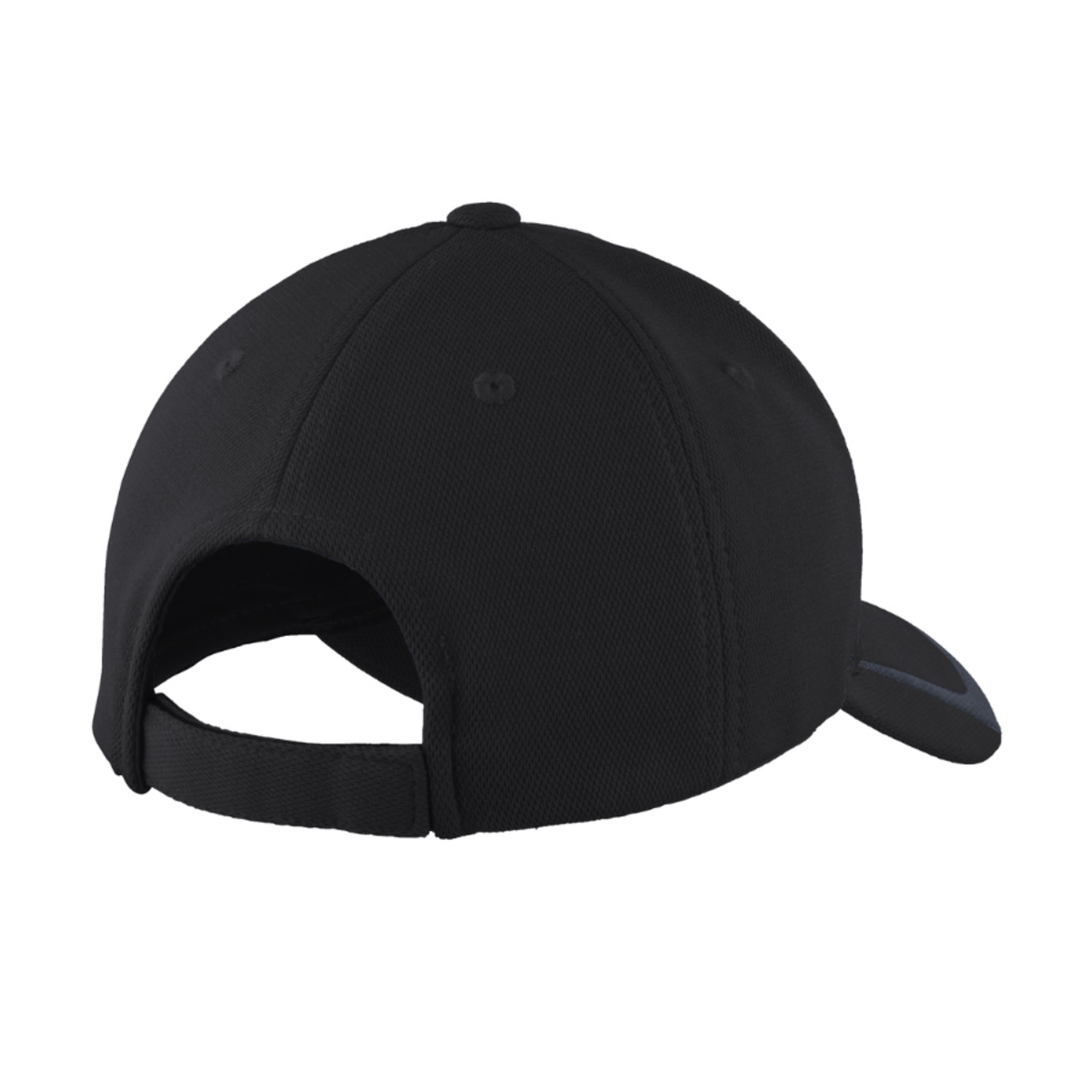 Black and Graphite adjustable performance cap made from 100% polyester pique knit with a moisture-wicking sweatband, contrast brim detail, structured construction, mid-profile design, and micro hook and loop closure.