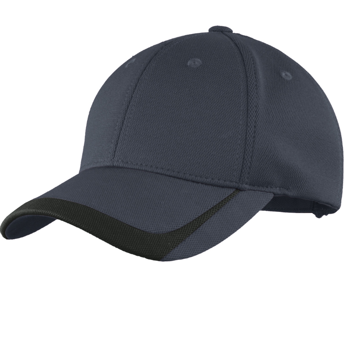 Graphite and Black adjustable performance cap made from 100% polyester pique knit with a moisture-wicking sweatband, contrast brim detail, structured construction, mid-profile design, and micro hook and loop closure.