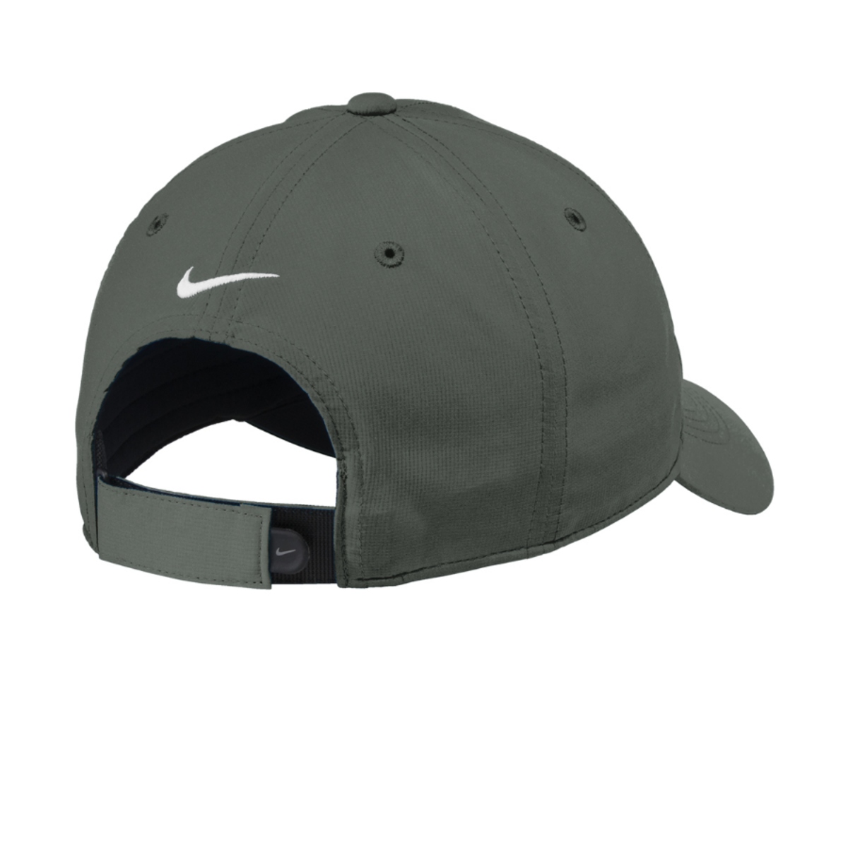Anthracite performance cap made from durable 100% polyester fine-ripstop fabric with moisture-wicking technology, embroidered eyelets, a low-profile fit, an underbill that helps reduce sun glare, and an adjustable hook-and-loop closure.