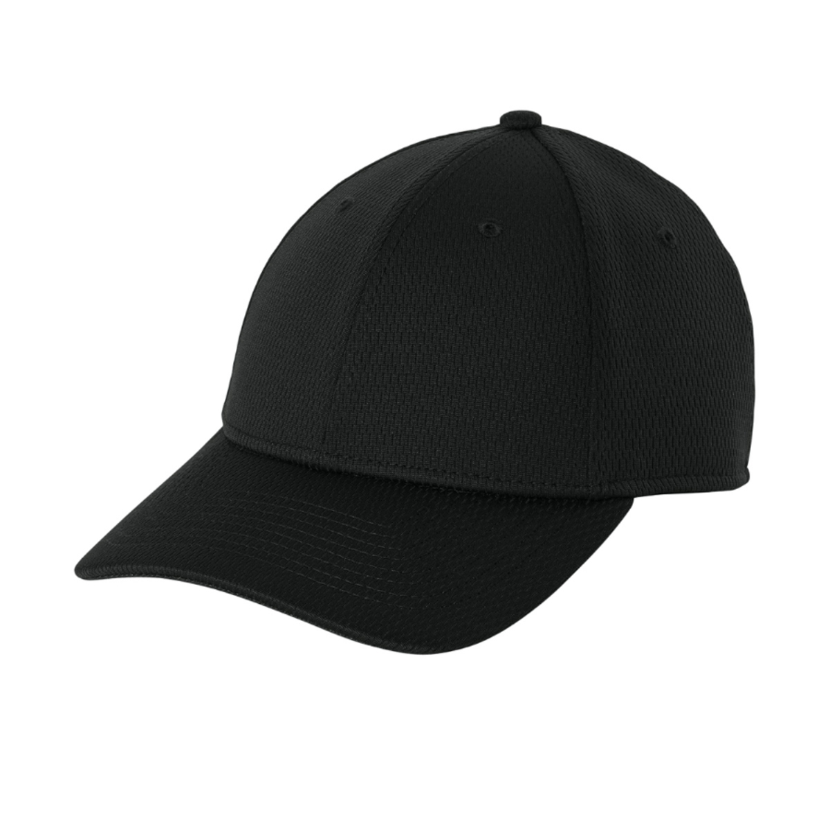 Black performance cap made from 100% polyester with a structured crown, updated vertical mesh design, mid-profile fit, and adjustable hook-and-loop closure with a clear plastic pull tab.