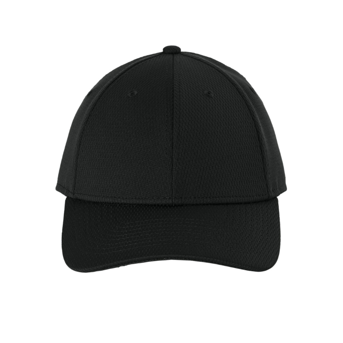 Black performance cap made from 100% polyester with a structured crown, updated vertical mesh design, mid-profile fit, and adjustable hook-and-loop closure with a clear plastic pull tab.
