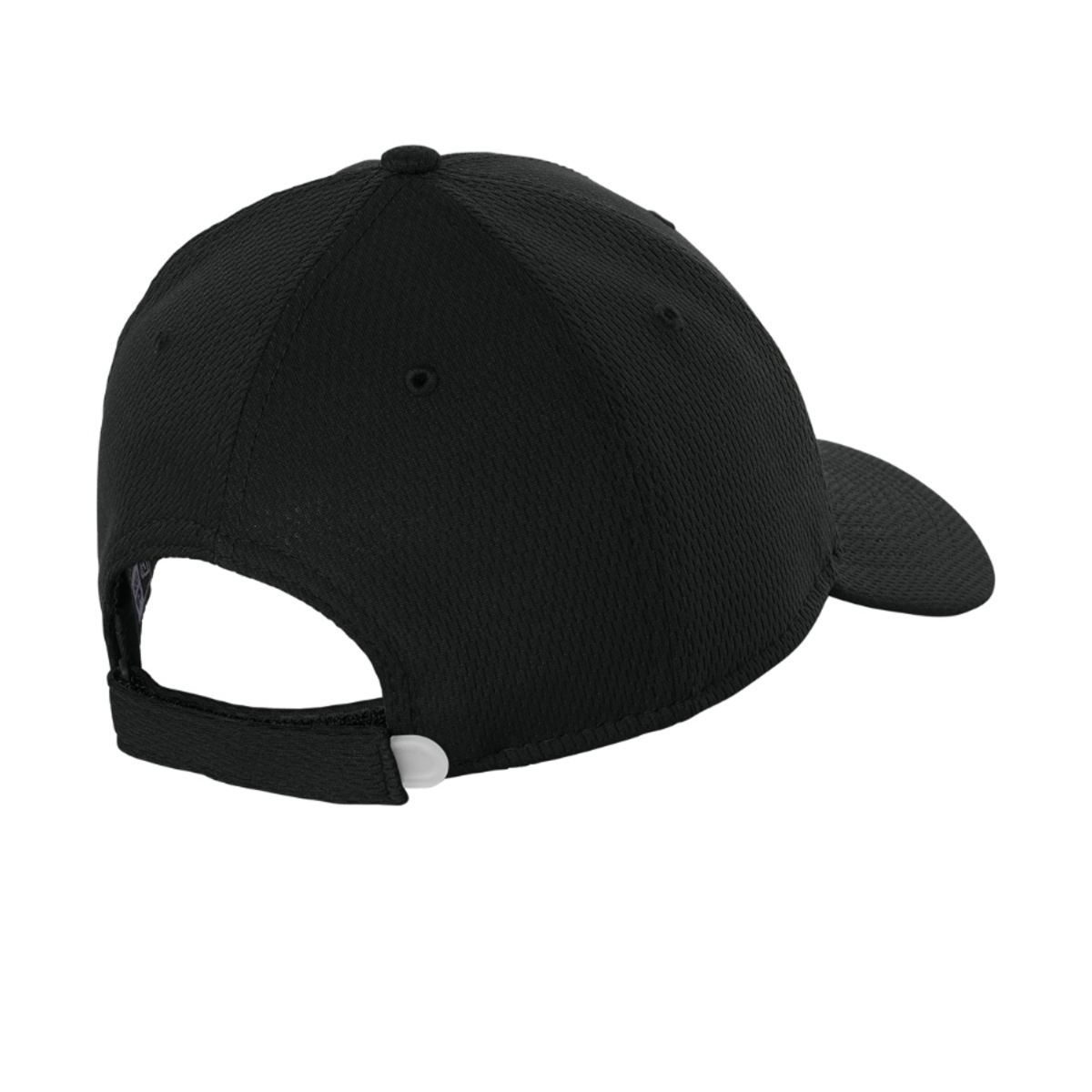 Black performance cap made from 100% polyester with a structured crown, updated vertical mesh design, mid-profile fit, and adjustable hook-and-loop closure with a clear plastic pull tab.