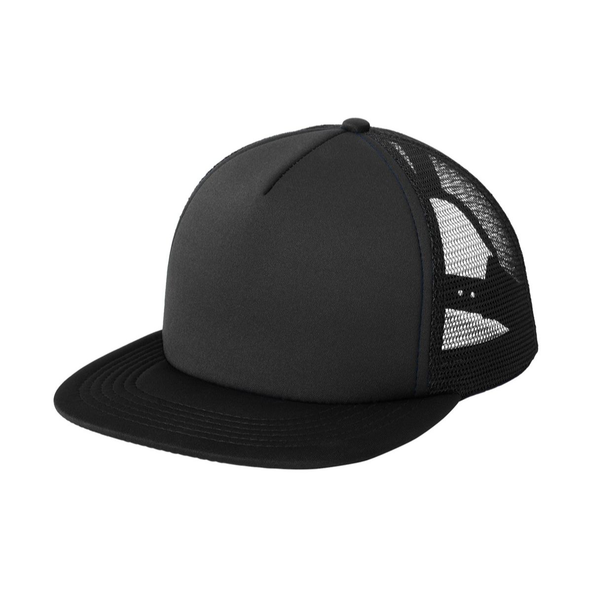 Black District Flat Bill Snapback Trucker Cap featuring a structured, high-profile design, flat bill, and adjustable plastic snapback closure. Made from lightweight 100% polyester foam with a smooth surface suitable for custom logos and branding, ideal for team apparel, corporate events, and promotional merchandise.