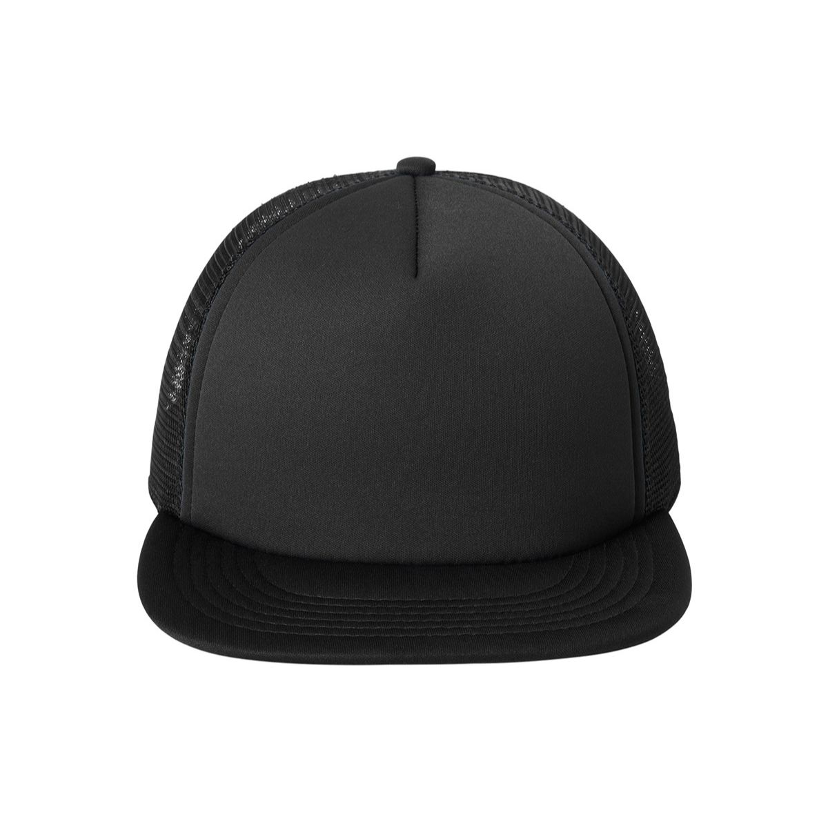 Black District Flat Bill Snapback Trucker Cap featuring a structured, high-profile design, flat bill, and adjustable plastic snapback closure. Made from lightweight 100% polyester foam with a smooth surface suitable for custom logos and branding, ideal for team apparel, corporate events, and promotional merchandise.