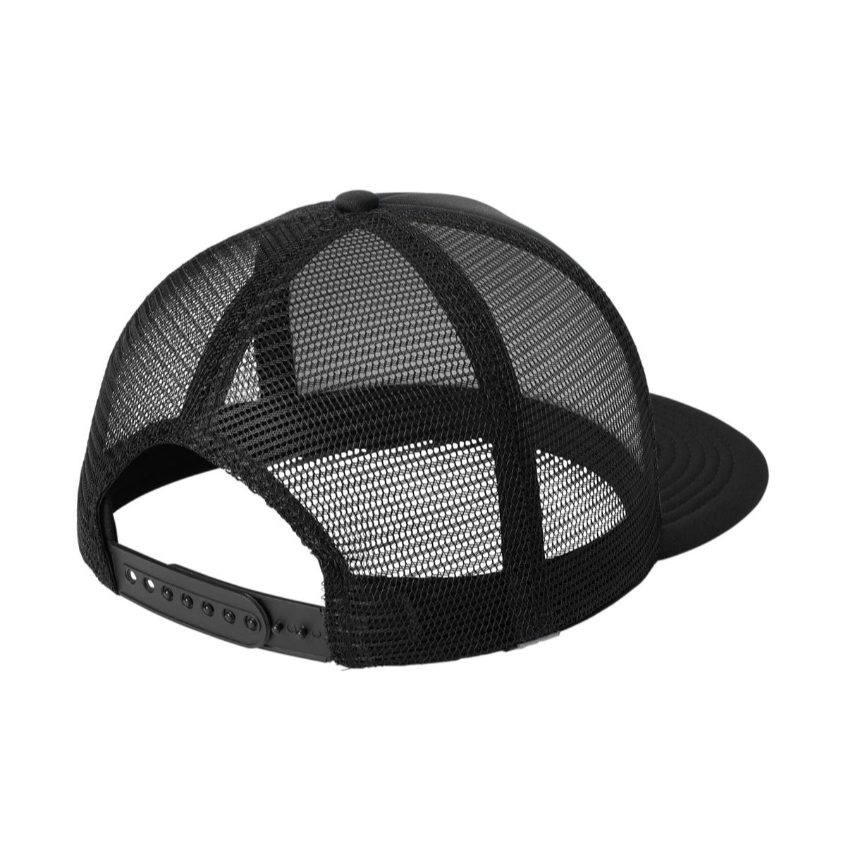 Black District Flat Bill Snapback Trucker Cap featuring a structured, high-profile design, flat bill, and adjustable plastic snapback closure. Made from lightweight 100% polyester foam with a smooth surface suitable for custom logos and branding, ideal for team apparel, corporate events, and promotional merchandise.