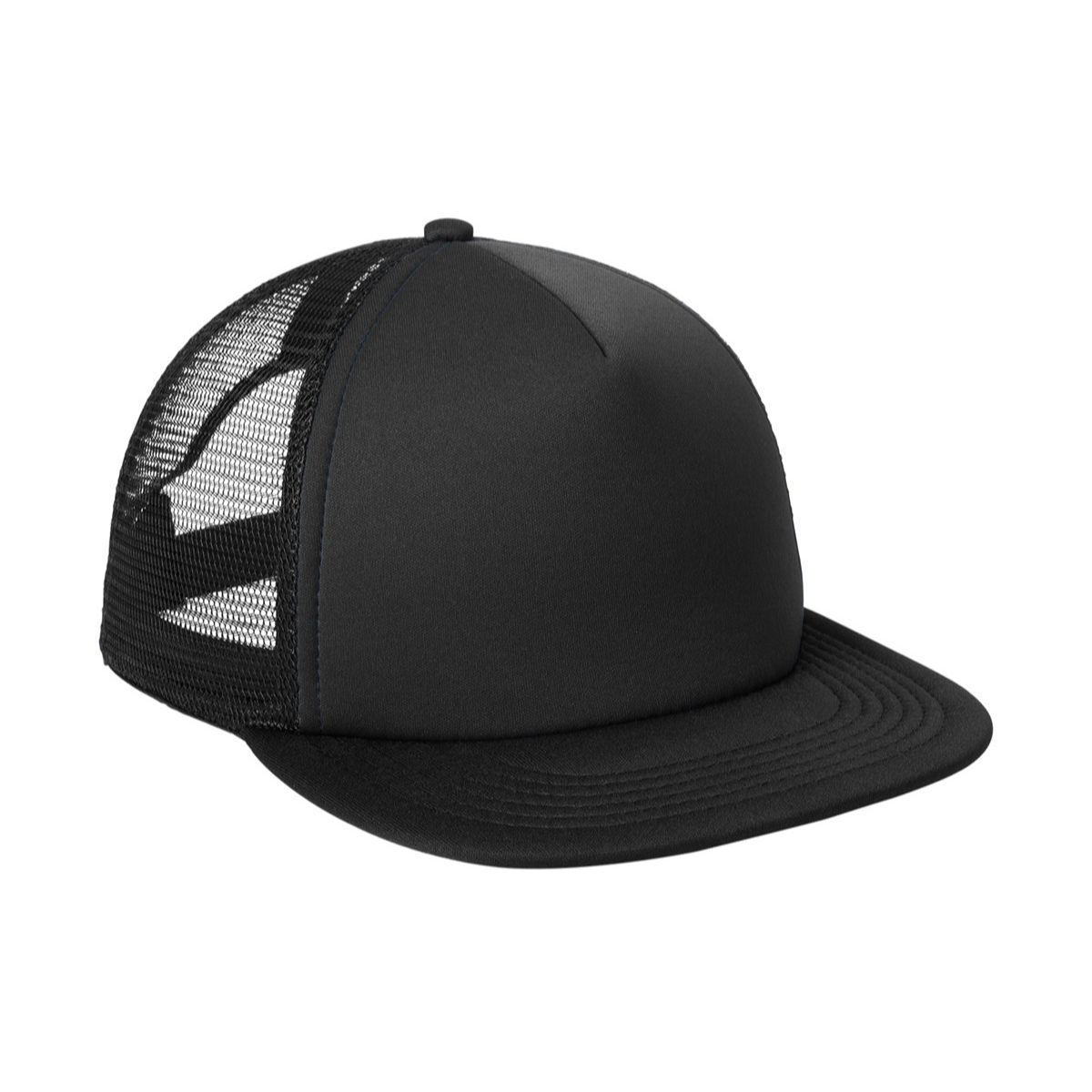 Black District Flat Bill Snapback Trucker Cap featuring a structured, high-profile design, flat bill, and adjustable plastic snapback closure. Made from lightweight 100% polyester foam with a smooth surface suitable for custom logos and branding, ideal for team apparel, corporate events, and promotional merchandise.