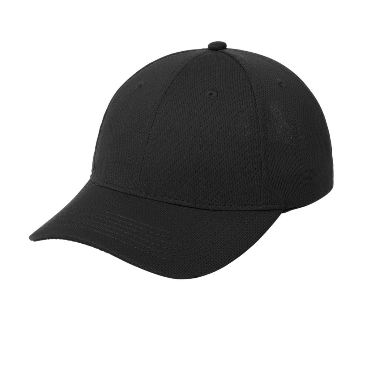 Black performance cap made from 100% polyester closed-hole flat-back mesh with PosiCharge® colorfast technology, breathable moisture-wicking fabric, a structured mid-profile design, and a micro hook-and-loop adjustable closure.