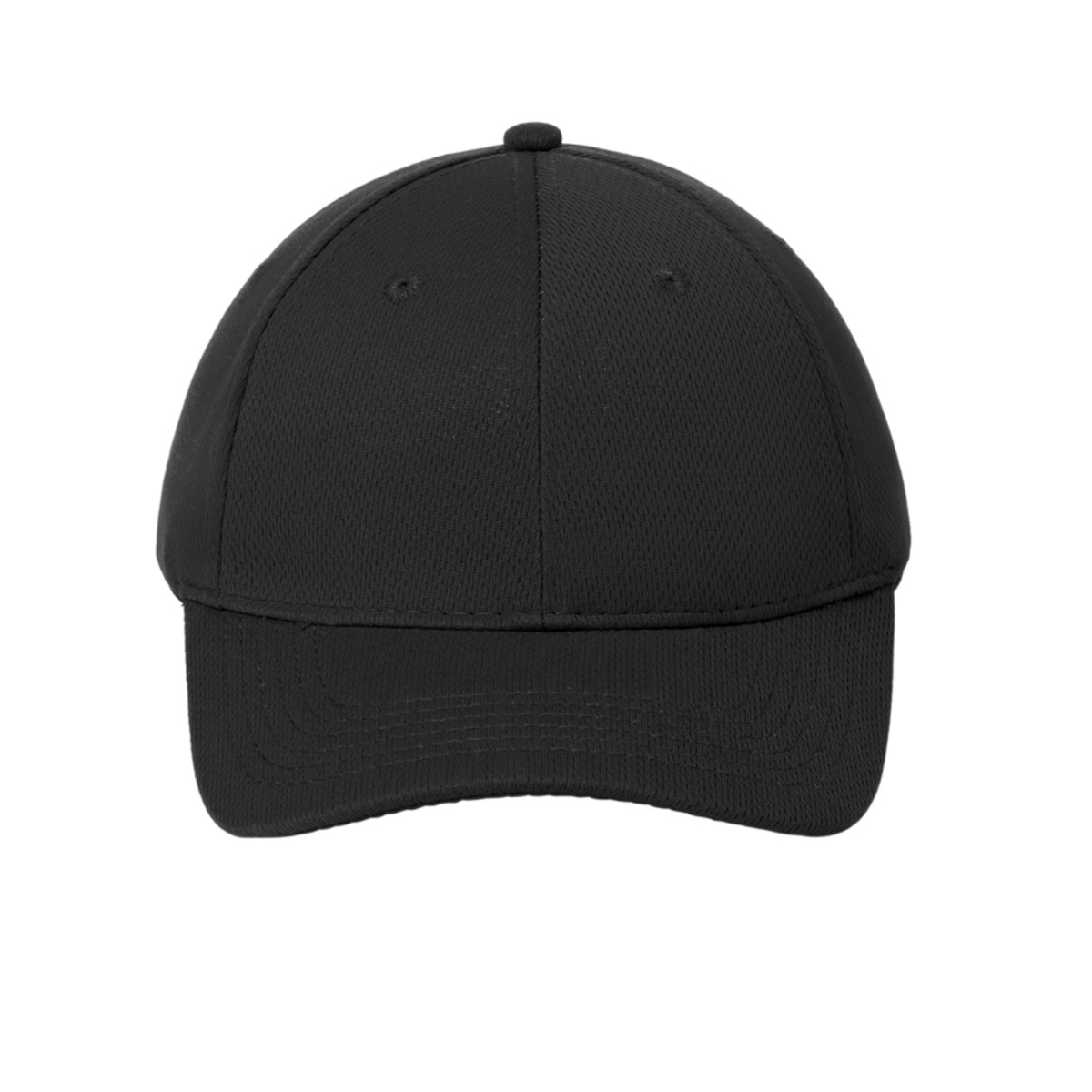 Black performance cap made from 100% polyester closed-hole flat-back mesh with PosiCharge® colorfast technology, breathable moisture-wicking fabric, a structured mid-profile design, and a micro hook-and-loop adjustable closure.
