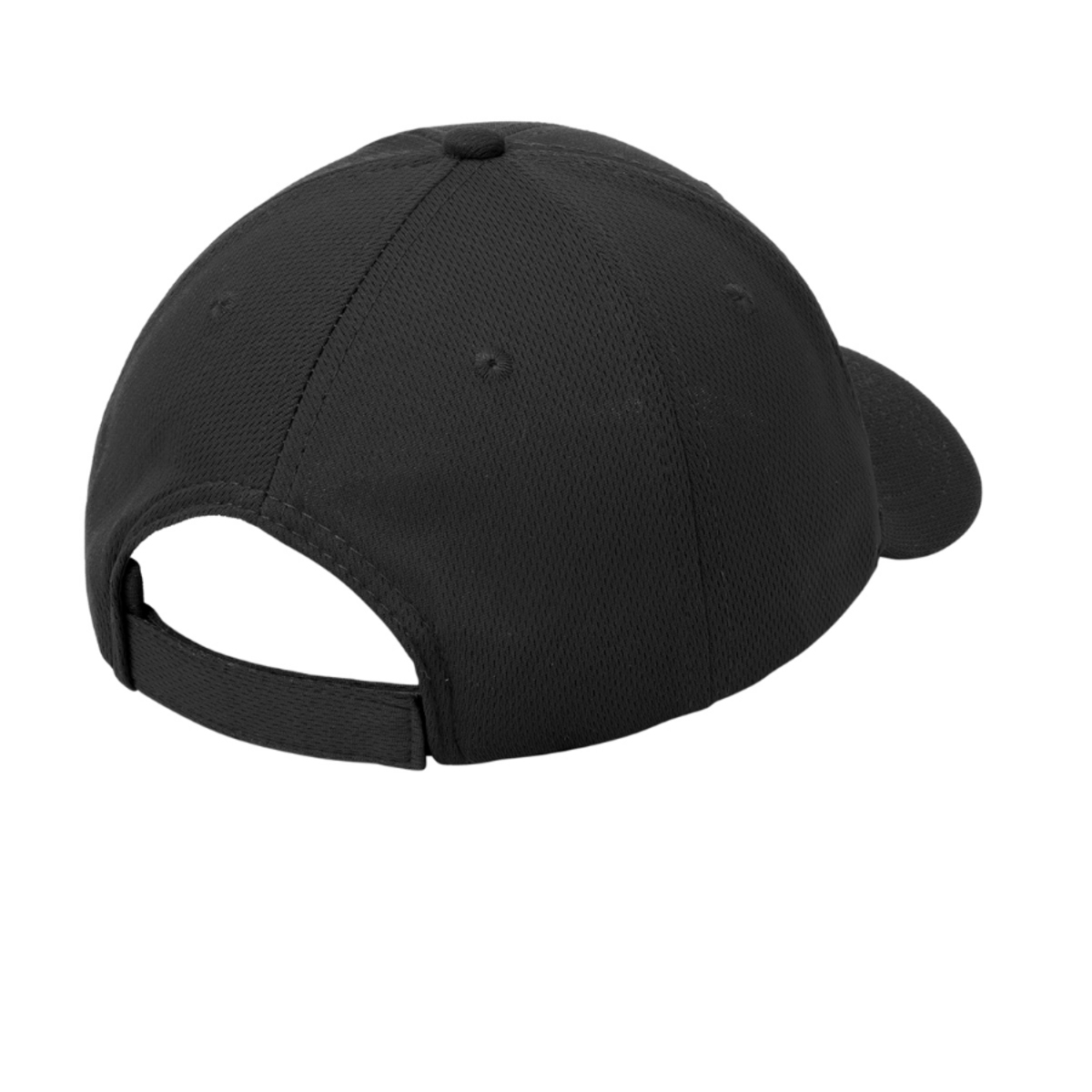 Black performance cap made from 100% polyester closed-hole flat-back mesh with PosiCharge® colorfast technology, breathable moisture-wicking fabric, a structured mid-profile design, and a micro hook-and-loop adjustable closure.
