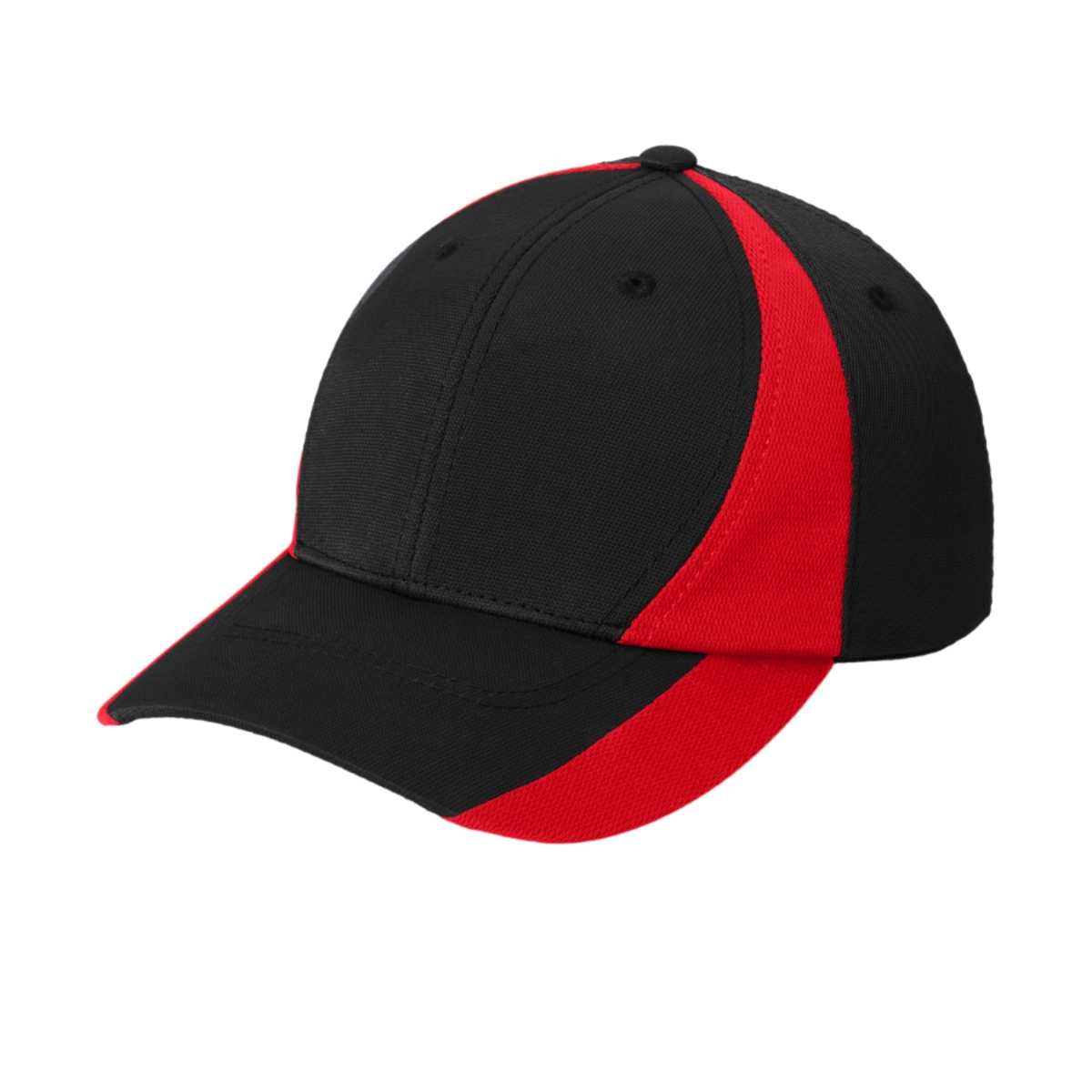 Black and True Red colorblocked performance cap made from 91% nylon and 9% cotton twill, featuring breathable mesh insets, moisture-wicking properties, a structured mid-profile design, and an adjustable hook-and-loop closure.