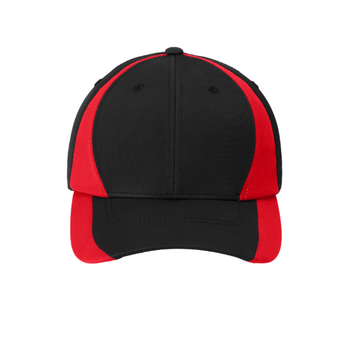 Black and True Red colorblocked performance cap made from 91% nylon and 9% cotton twill, featuring breathable mesh insets, moisture-wicking properties, a structured mid-profile design, and an adjustable hook-and-loop closure.