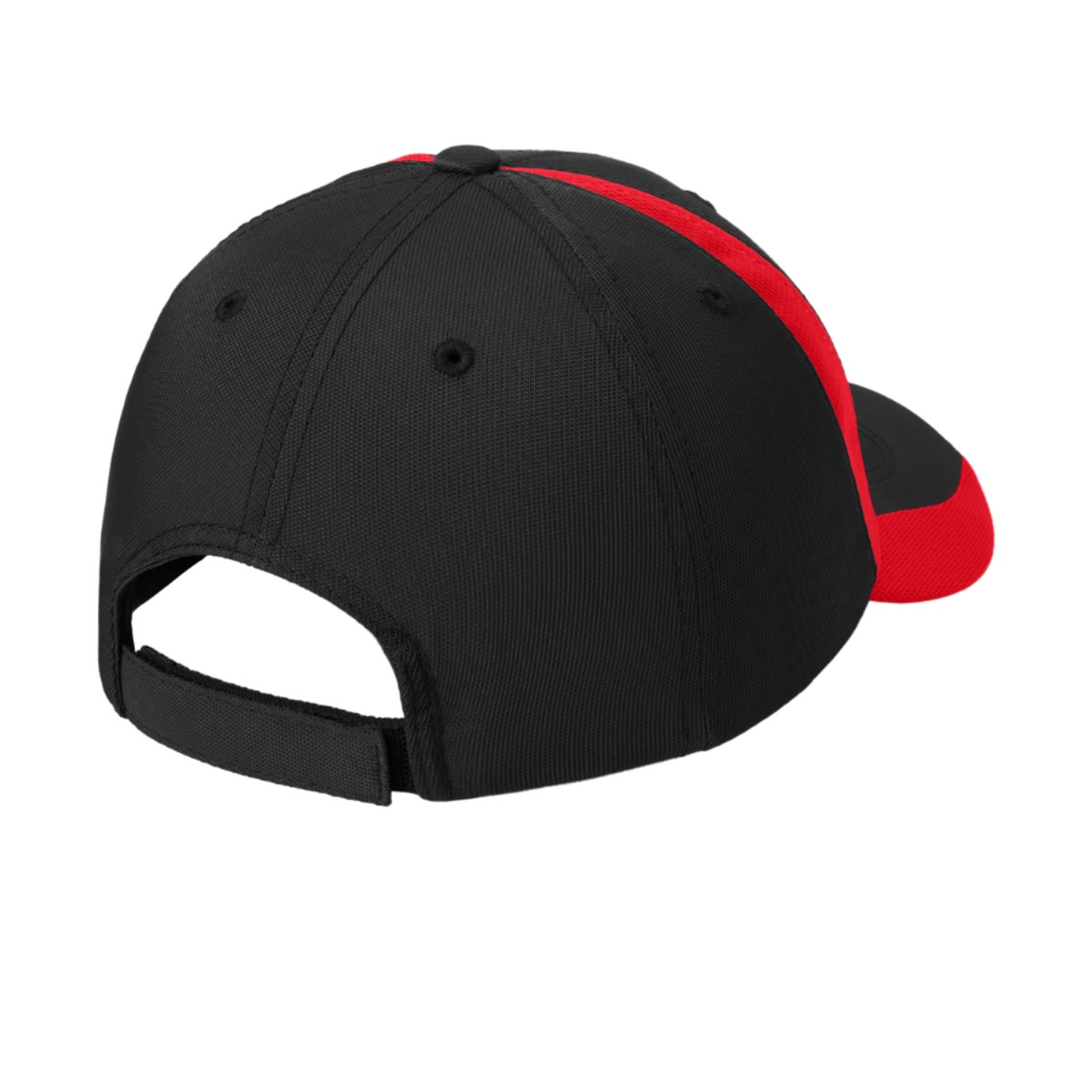 Black and True Red colorblocked performance cap made from 91% nylon and 9% cotton twill, featuring breathable mesh insets, moisture-wicking properties, a structured mid-profile design, and an adjustable hook-and-loop closure.