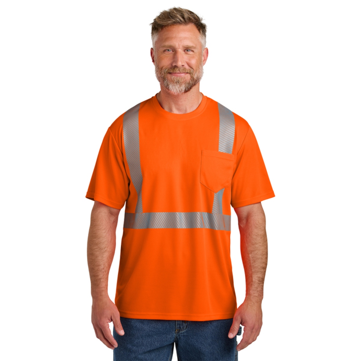 Class 2 high-visibility 4.1 oz. polyester birdseye mesh T-shirt with moisture-wicking fabric, ANSI-compliant 2-inch segmented reflective tape, rib-knit neckline, and left chest pocket.