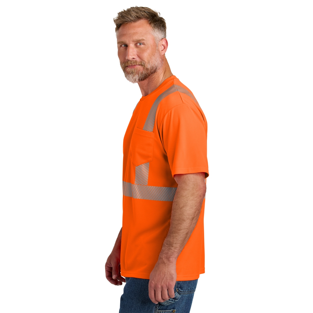 Class 2 high-visibility 4.1 oz. polyester birdseye mesh T-shirt with moisture-wicking fabric, ANSI-compliant 2-inch segmented reflective tape, rib-knit neckline, and left chest pocket.