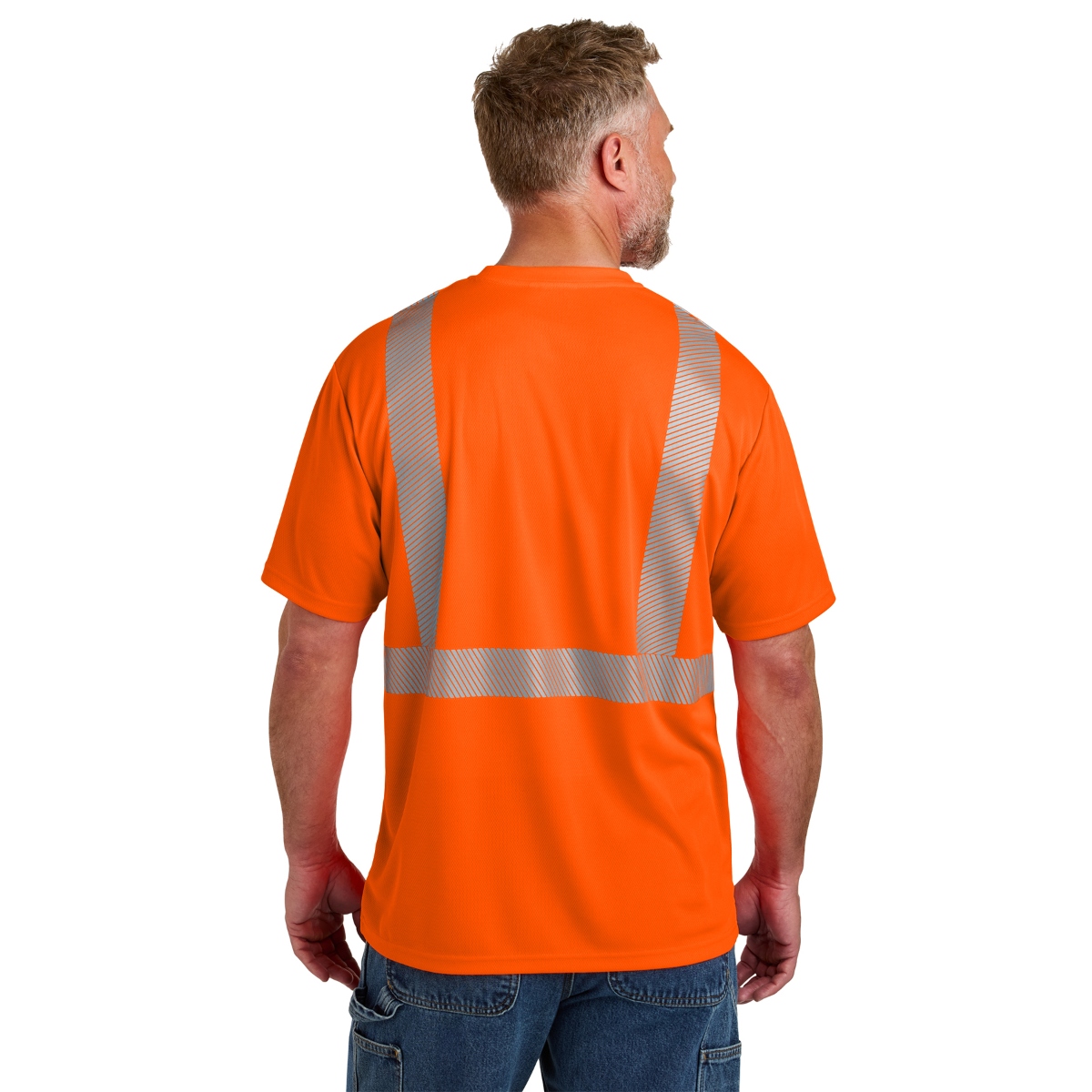 Class 2 high-visibility 4.1 oz. polyester birdseye mesh T-shirt with moisture-wicking fabric, ANSI-compliant 2-inch segmented reflective tape, rib-knit neckline, and left chest pocket.