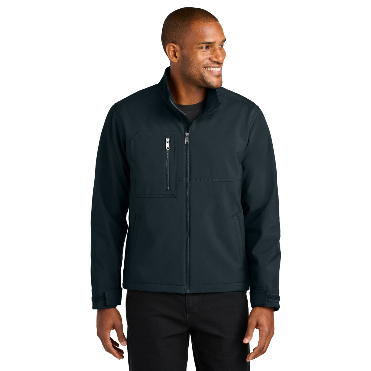 Water-resistant polyester soft shell jacket with brushed microfleece lining, triple-needle stitching, zippered chest pocket, reinforced front pockets, adjustable cuffs, and drawcord hem for a comfortable layered fit.