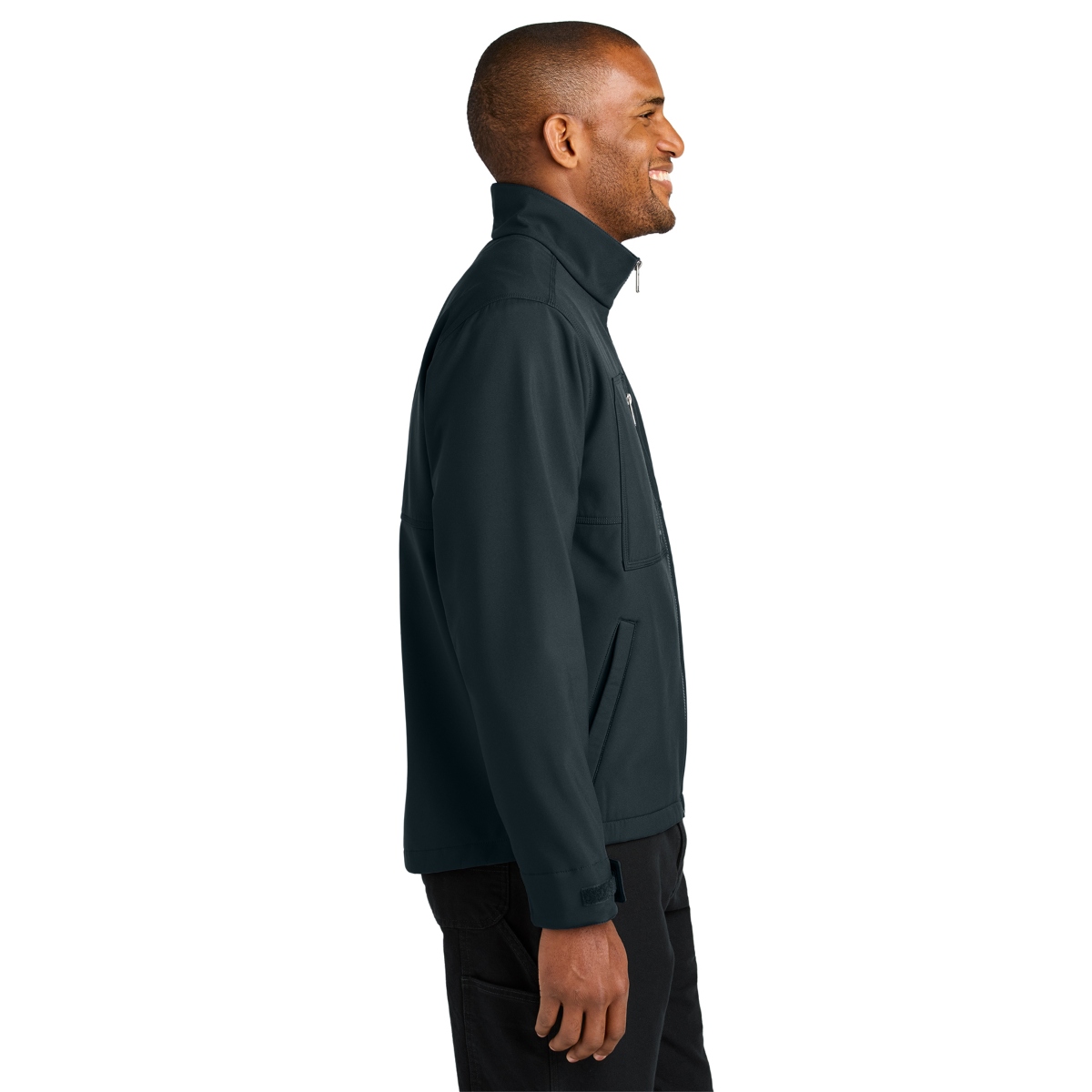 Water-resistant polyester soft shell jacket with brushed microfleece lining, triple-needle stitching, zippered chest pocket, reinforced front pockets, adjustable cuffs, and drawcord hem for a comfortable layered fit.