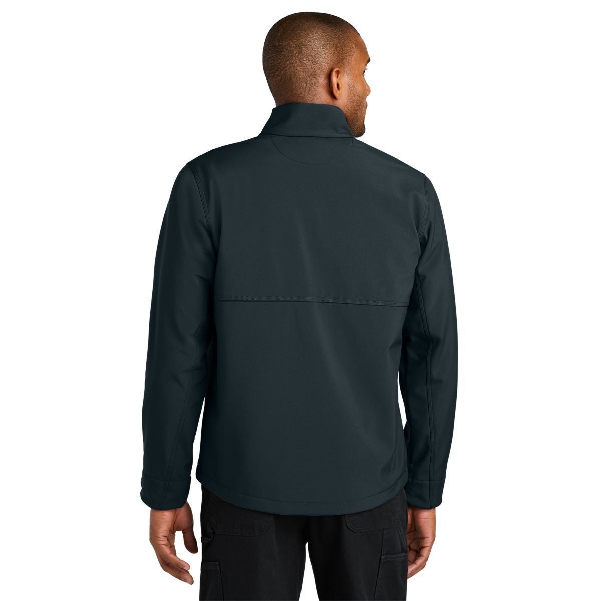 Water-resistant polyester soft shell jacket with brushed microfleece lining, triple-needle stitching, zippered chest pocket, reinforced front pockets, adjustable cuffs, and drawcord hem for a comfortable layered fit.