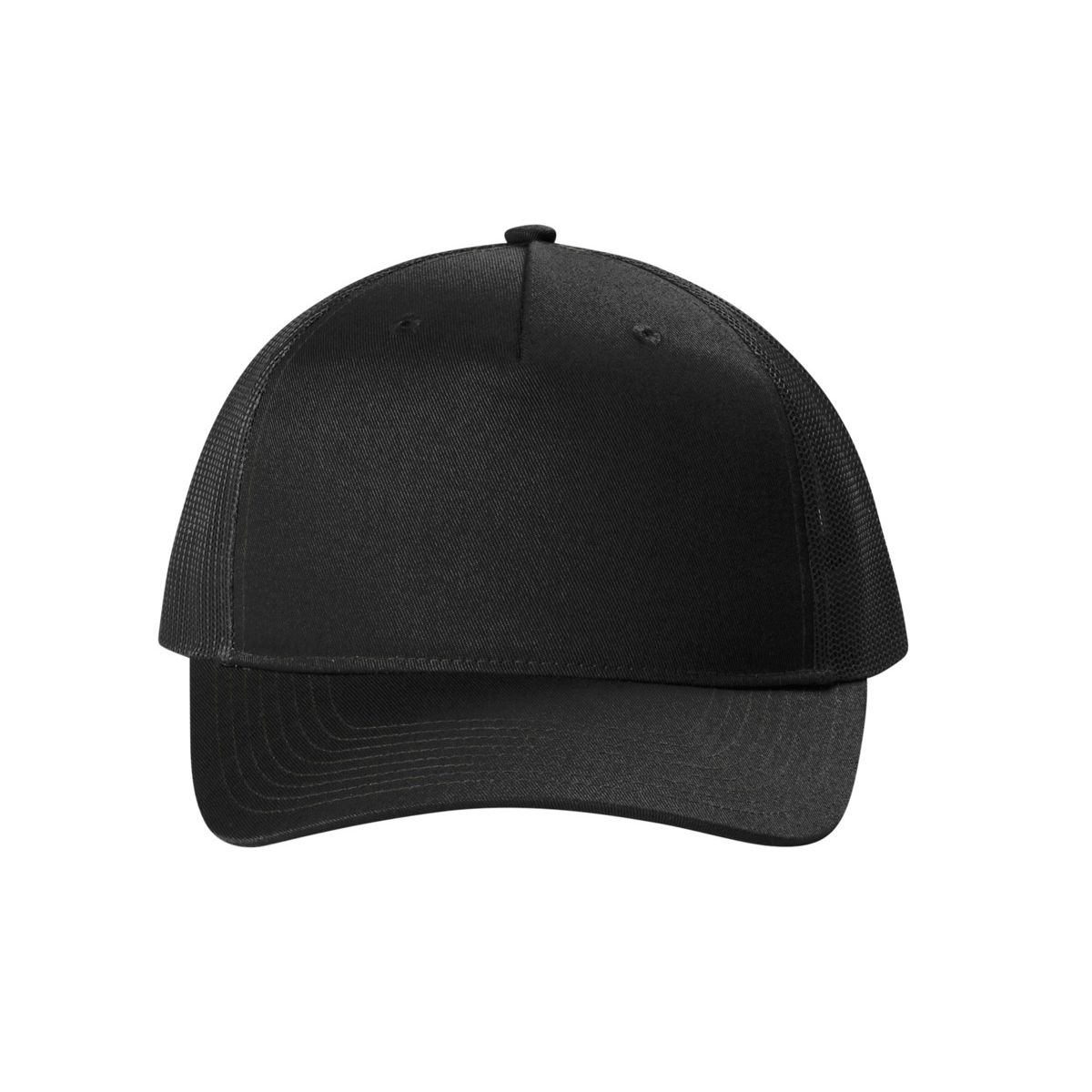 Black Port Authority Snapback Five-Panel Trucker Cap featuring a structured, mid-profile cotton twill front and curved bill with breathable polyester mesh back panels. Designed with a spacious front for custom logos and embroidery, plus a seven-position adjustable snapback closure for a comfortable, customizable fit.