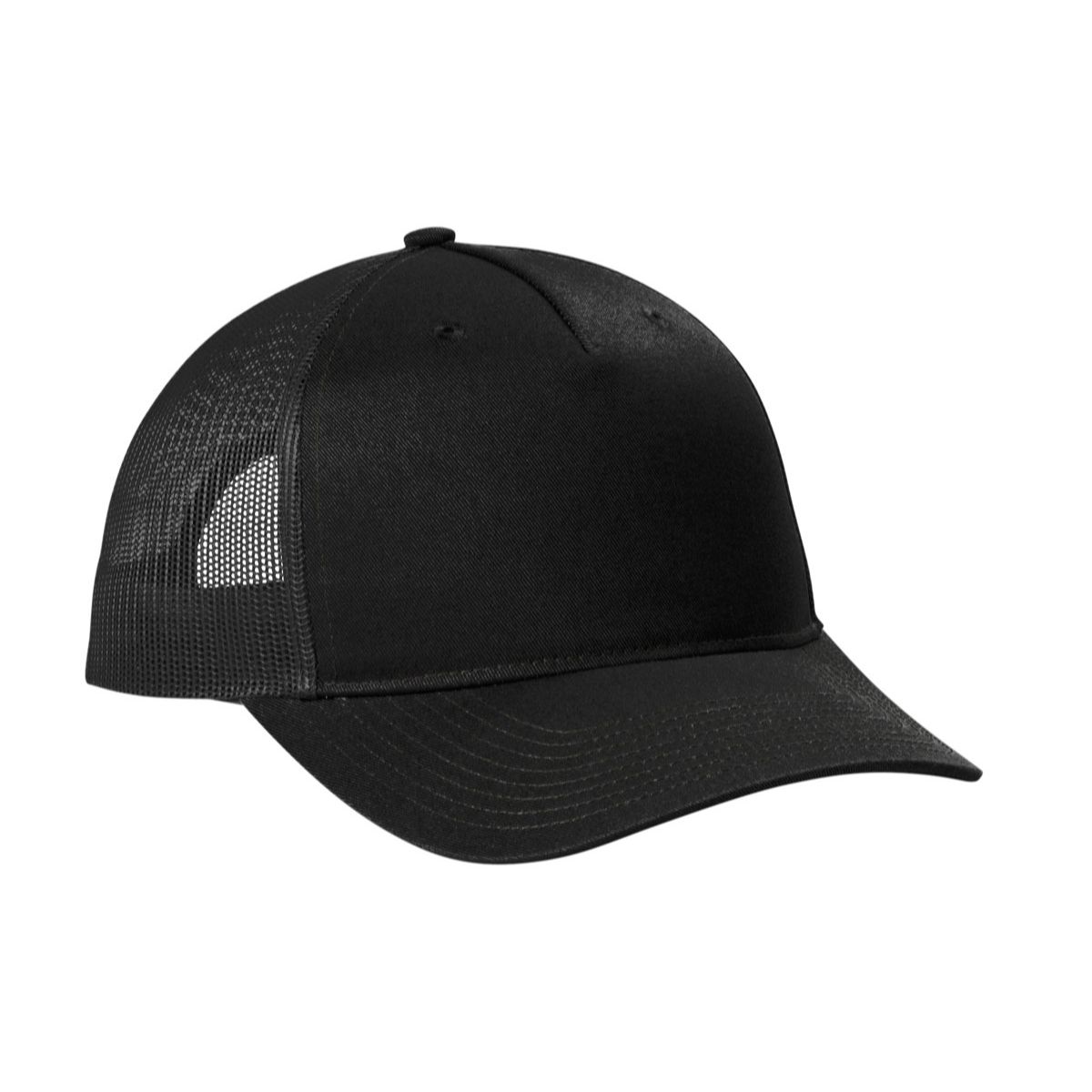 Black Port Authority Snapback Five-Panel Trucker Cap featuring a structured, mid-profile cotton twill front and curved bill with breathable polyester mesh back panels. Designed with a spacious front for custom logos and embroidery, plus a seven-position adjustable snapback closure for a comfortable, customizable fit.