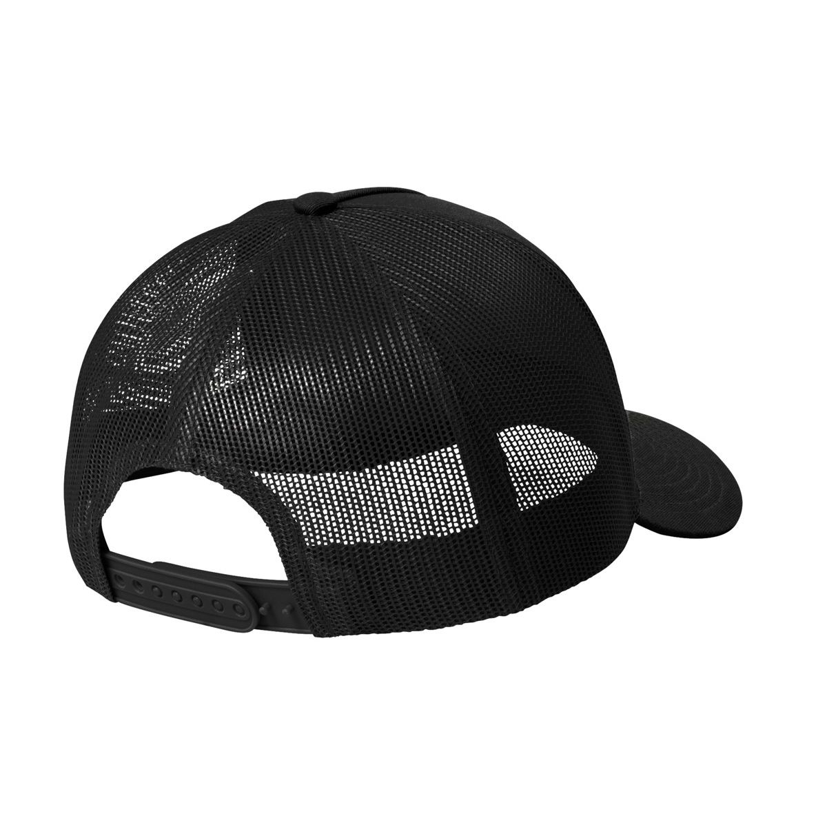 Black Port Authority Snapback Five-Panel Trucker Cap featuring a structured, mid-profile cotton twill front and curved bill with breathable polyester mesh back panels. Designed with a spacious front for custom logos and embroidery, plus a seven-position adjustable snapback closure for a comfortable, customizable fit.