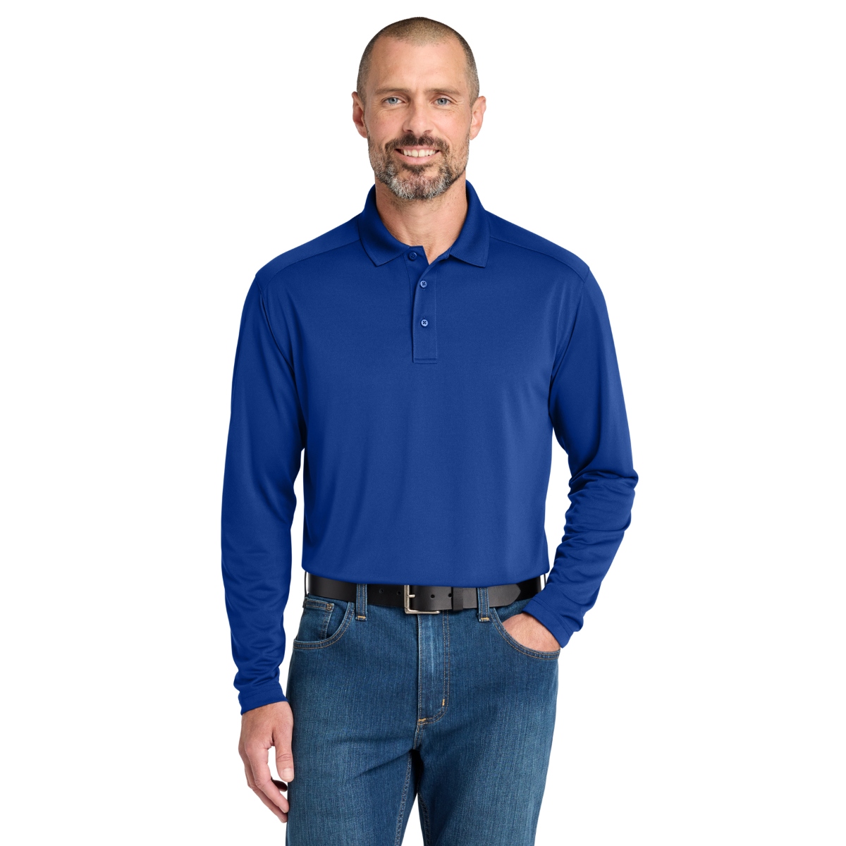Lightweight 4.4 oz. snag-proof polyester work polo with moisture-wicking and odor-fighting properties, a flat-knit collar, three-button placket, open-hem sleeves, and tag-free label.