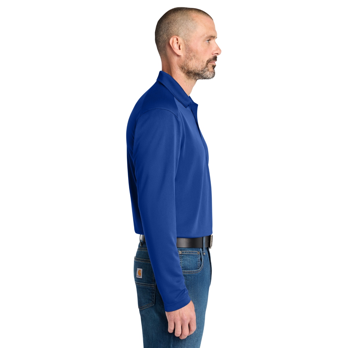 Lightweight 4.4 oz. snag-proof polyester work polo with moisture-wicking and odor-fighting properties, a flat-knit collar, three-button placket, open-hem sleeves, and tag-free label.