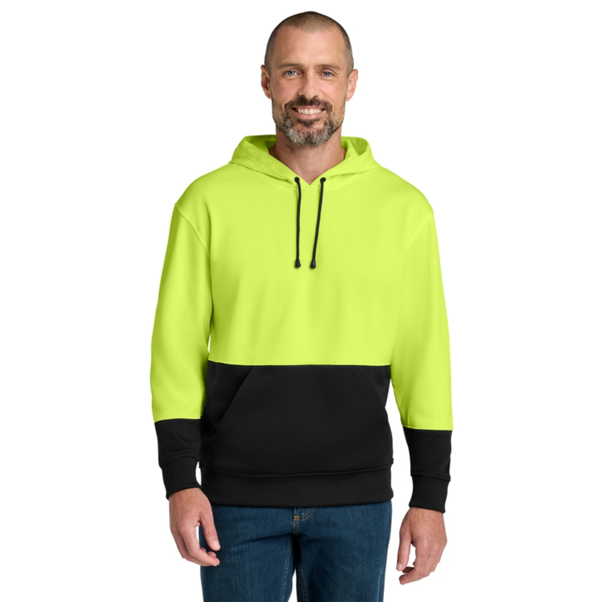 Moisture-wicking polyester fleece hoodie with a three-panel hood, front pouch pocket, rib-knit cuffs and hem, and black lower front and sleeves. Non-ANSI.