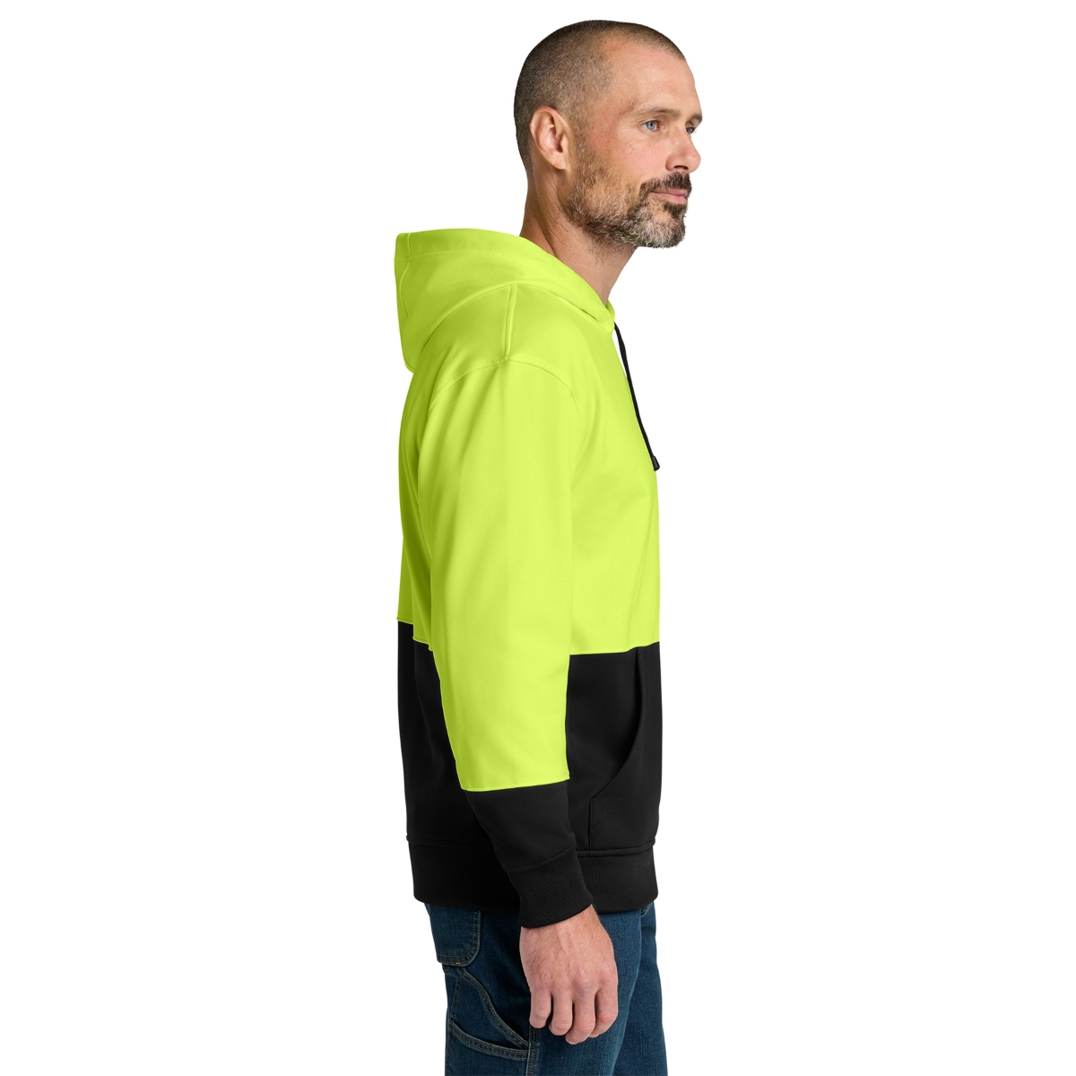 Moisture-wicking polyester fleece hoodie with a three-panel hood, front pouch pocket, rib-knit cuffs and hem, and black lower front and sleeves. Non-ANSI.