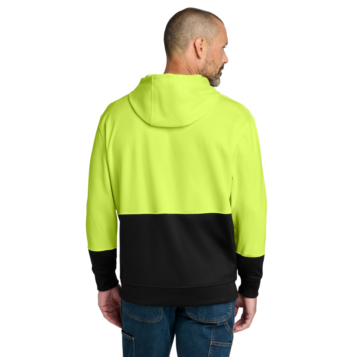 Moisture-wicking polyester fleece hoodie with a three-panel hood, front pouch pocket, rib-knit cuffs and hem, and black lower front and sleeves. Non-ANSI.