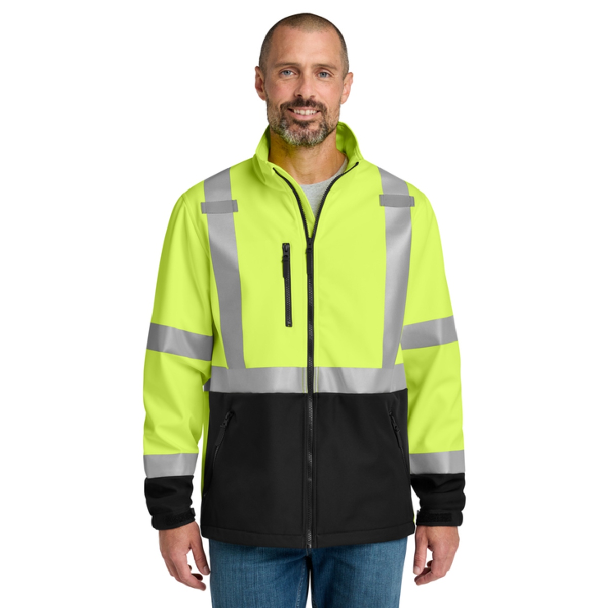 High-visibility soft shell jacket offering warmth, weather protection, and ANSI Class 3 visibility for demanding work environments.
