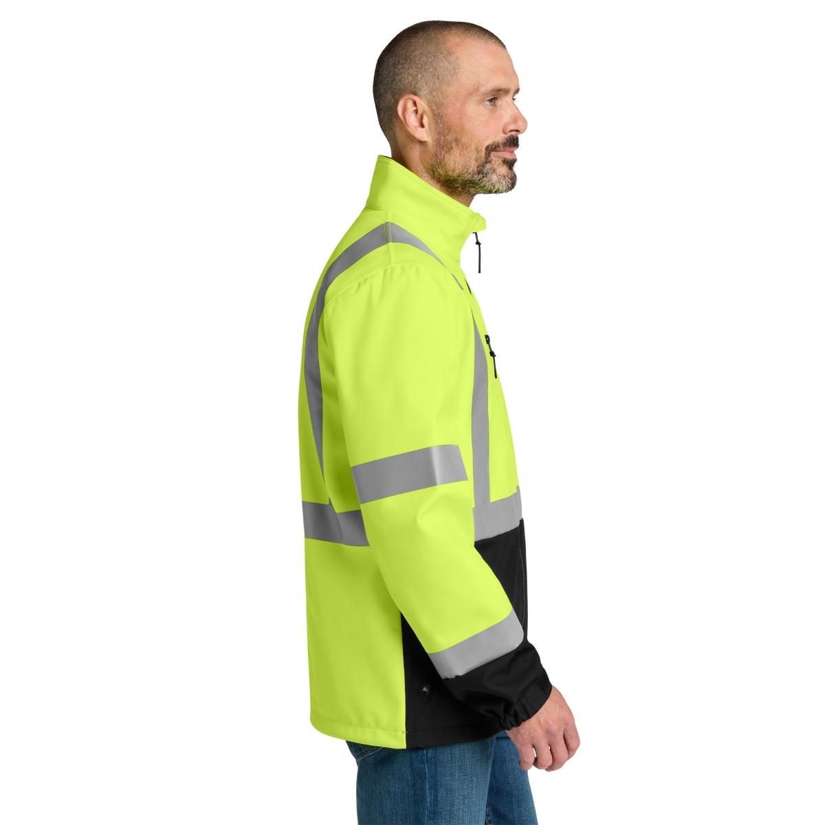 High-visibility soft shell jacket offering warmth, weather protection, and ANSI Class 3 visibility for demanding work environments.