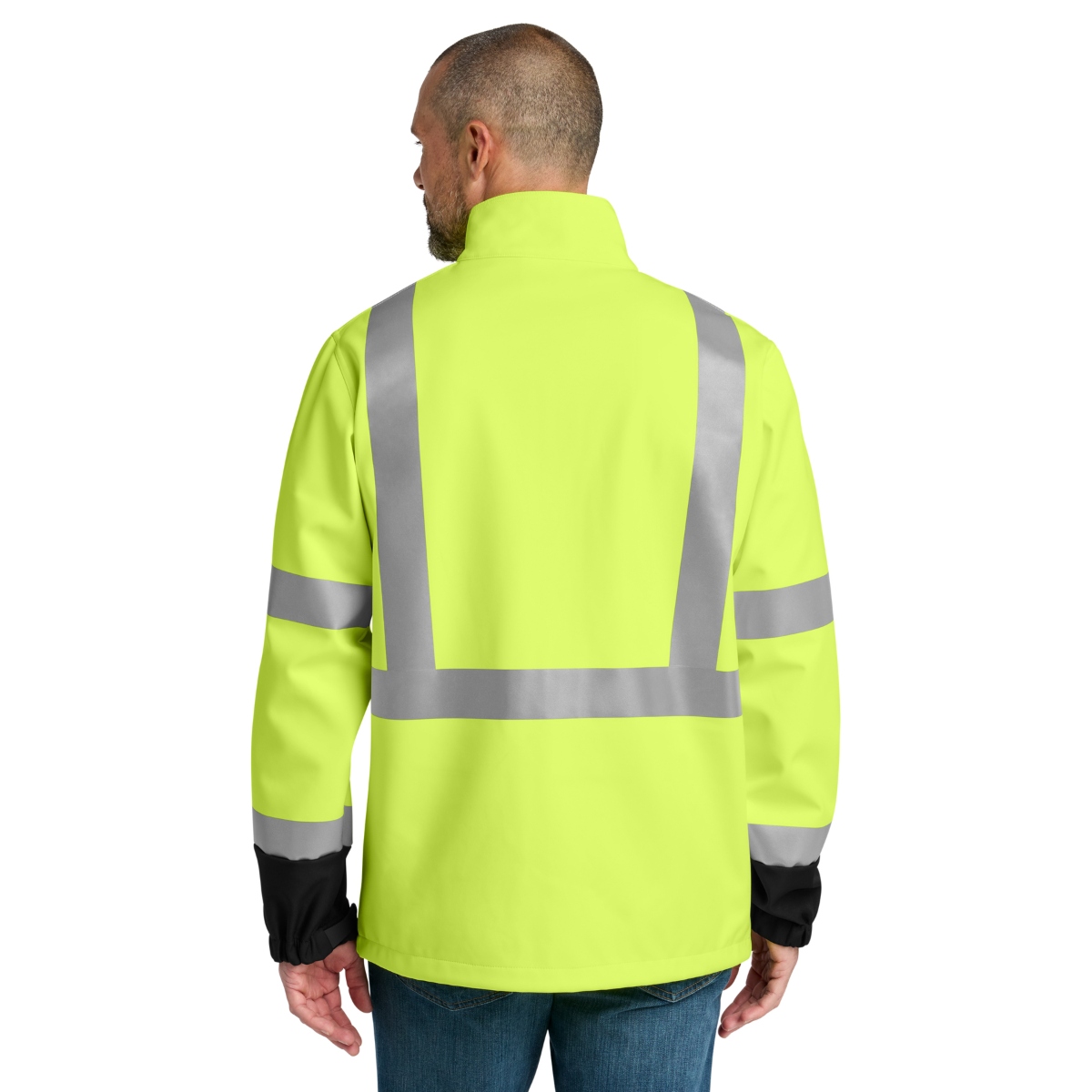 High-visibility soft shell jacket offering warmth, weather protection, and ANSI Class 3 visibility for demanding work environments.