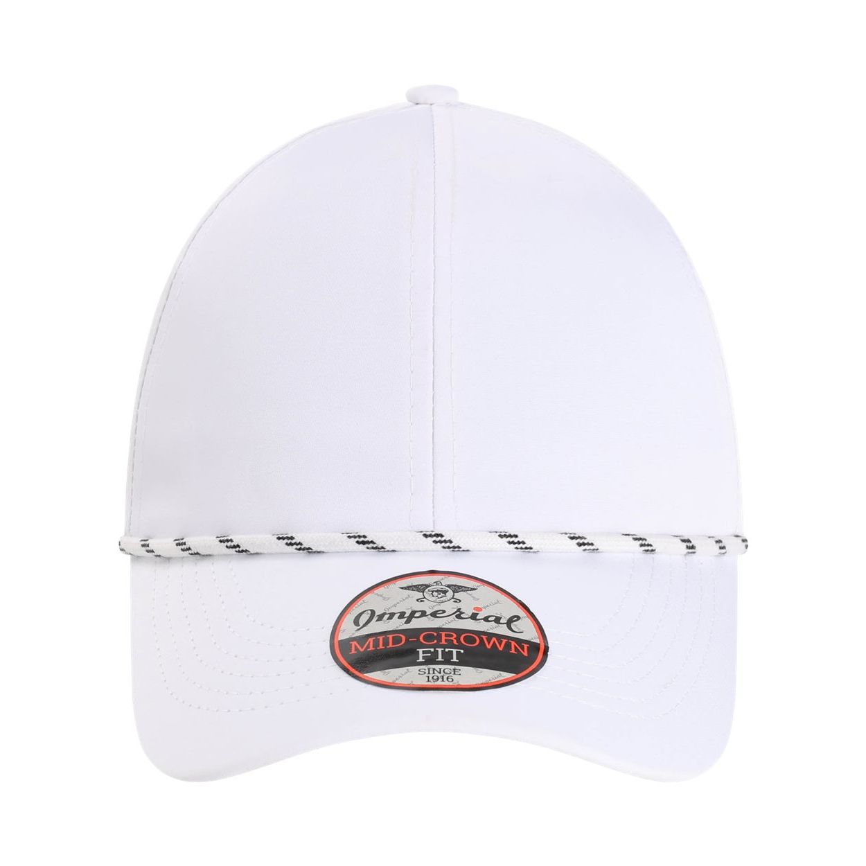 White performance rope cap made from recycled polyester and spandex with a structured six-panel design, woven rope braid, pre-curved bill, grey underbill, grey sweatband, and adjustable backstrap.