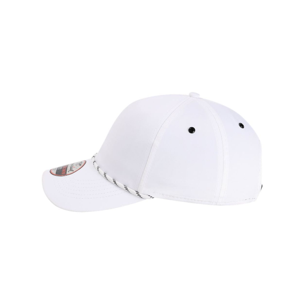 White performance rope cap made from recycled polyester and spandex with a structured six-panel design, woven rope braid, pre-curved bill, grey underbill, grey sweatband, and adjustable backstrap.