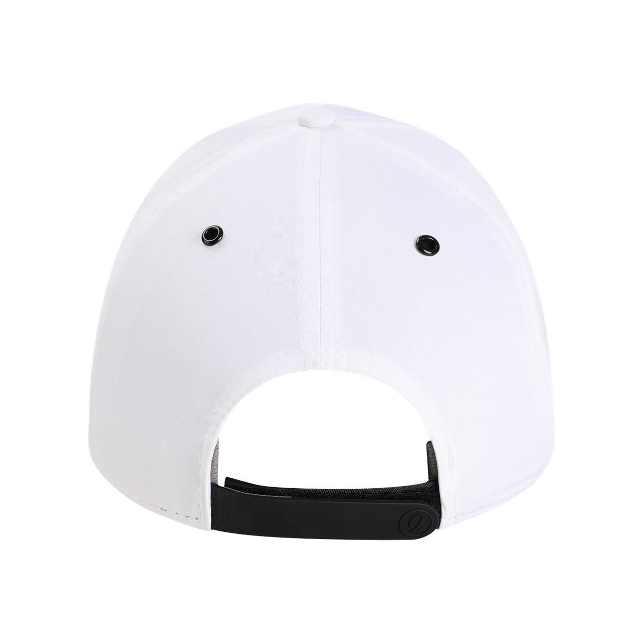 White performance rope cap made from recycled polyester and spandex with a structured six-panel design, woven rope braid, pre-curved bill, grey underbill, grey sweatband, and adjustable backstrap.