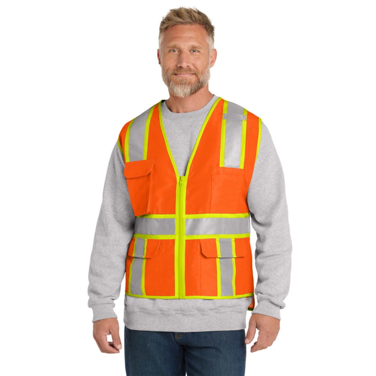 ANSI Class 2 high-visibility two-tone vest with breathable mesh back, 2-inch reflective tape, multiple tool pockets, rear tablet pocket, and front zipper closure.