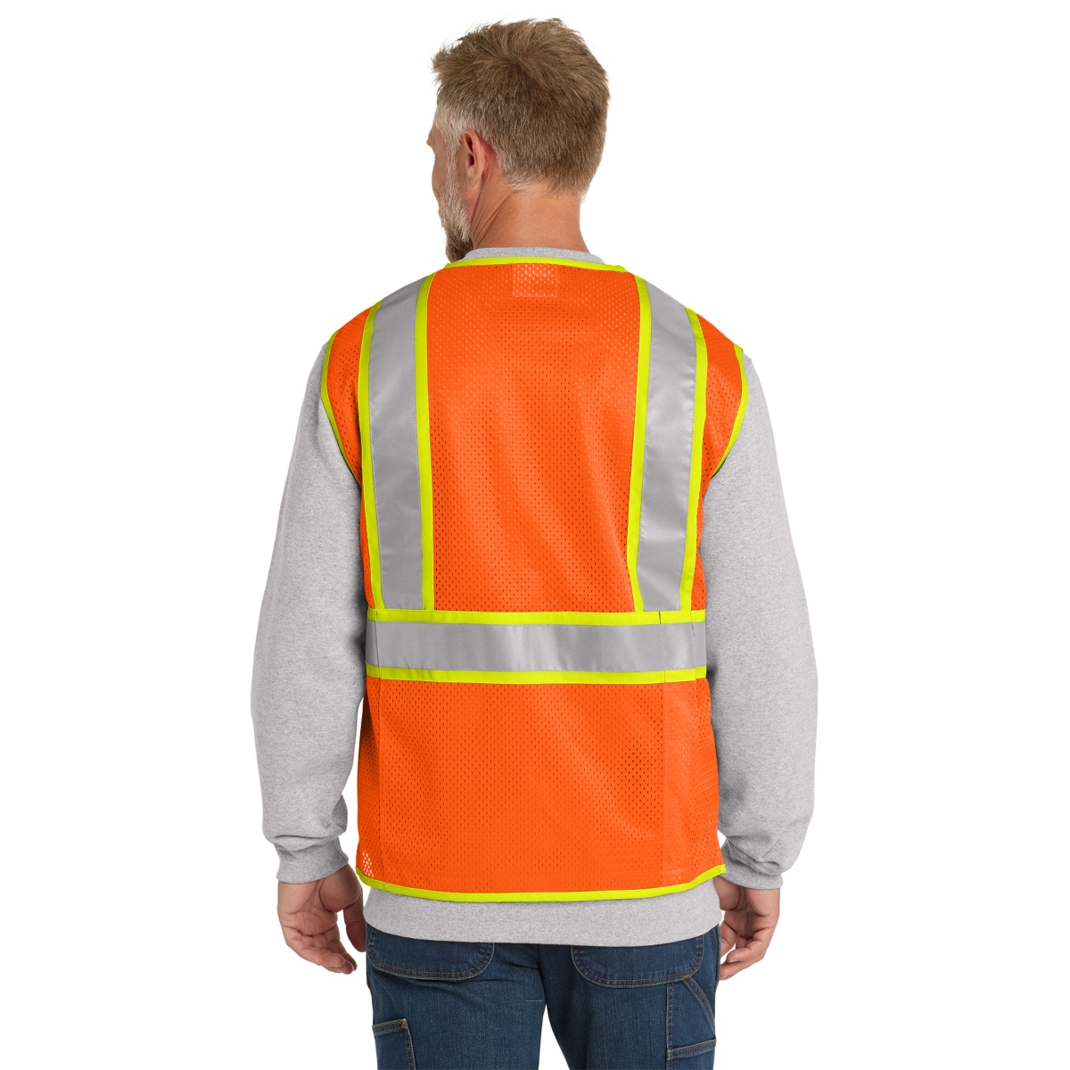 ANSI Class 2 high-visibility two-tone vest with breathable mesh back, 2-inch reflective tape, multiple tool pockets, rear tablet pocket, and front zipper closure.