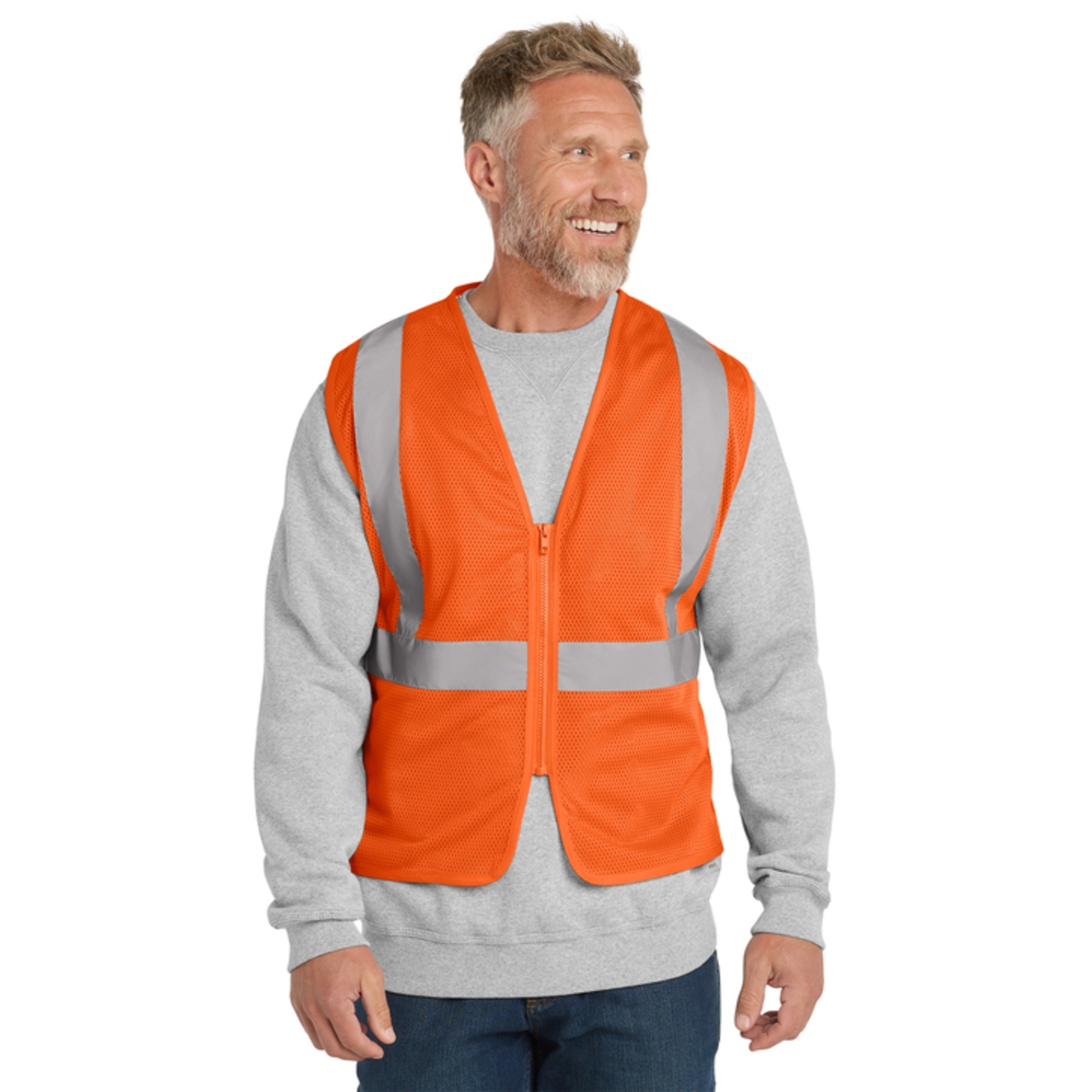 High-visibility polyester mesh vest with 2-inch reflective tape and a front zipper closure for breathable comfort and 360-degree visibility.