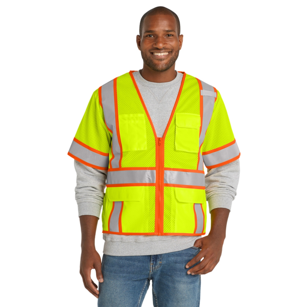 ANSI Class 3 high-visibility two-tone vest with short sleeves and breathable construction for comfort and enhanced visibility on the job.